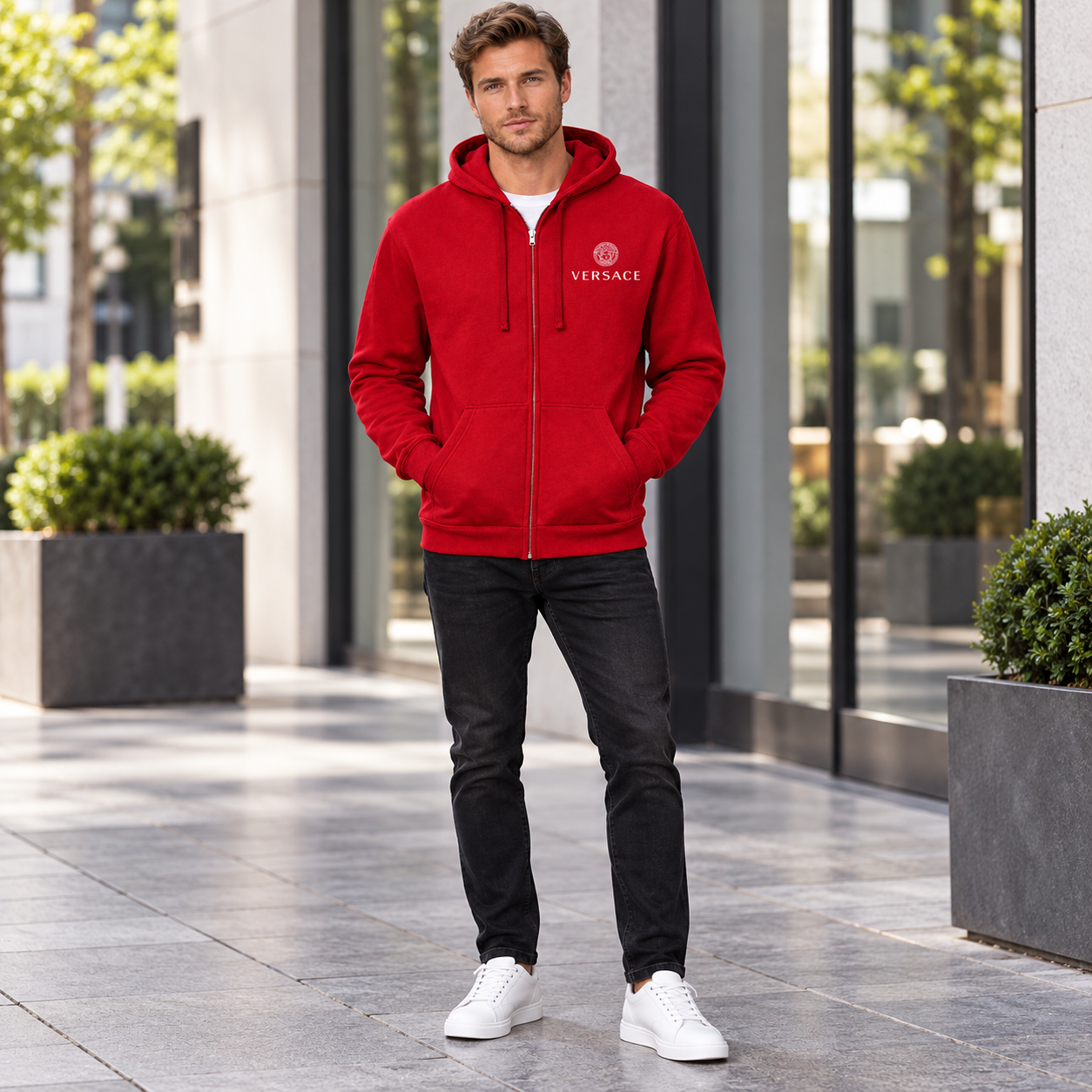 Men's Versace Zipper Hoodie | Color: Red | View 1