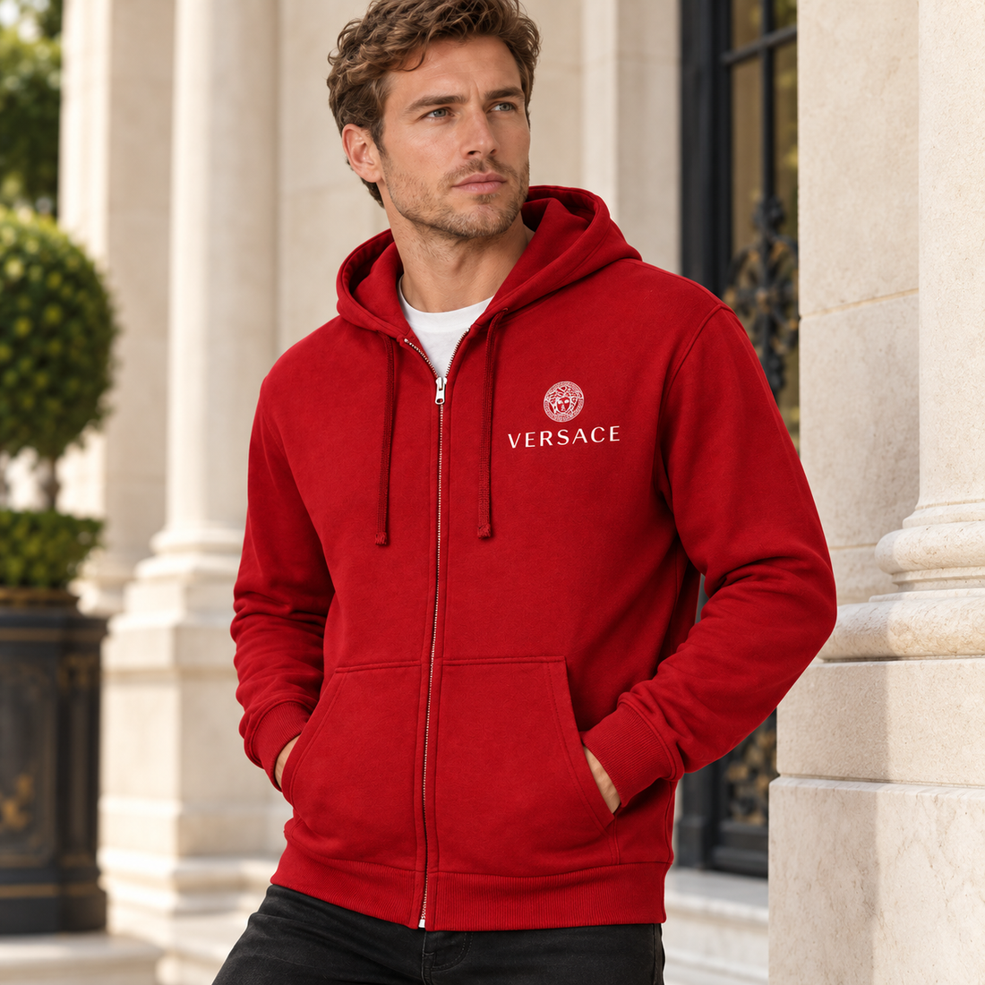 Men's Versace Zipper Hoodie | Color: Red | View 2