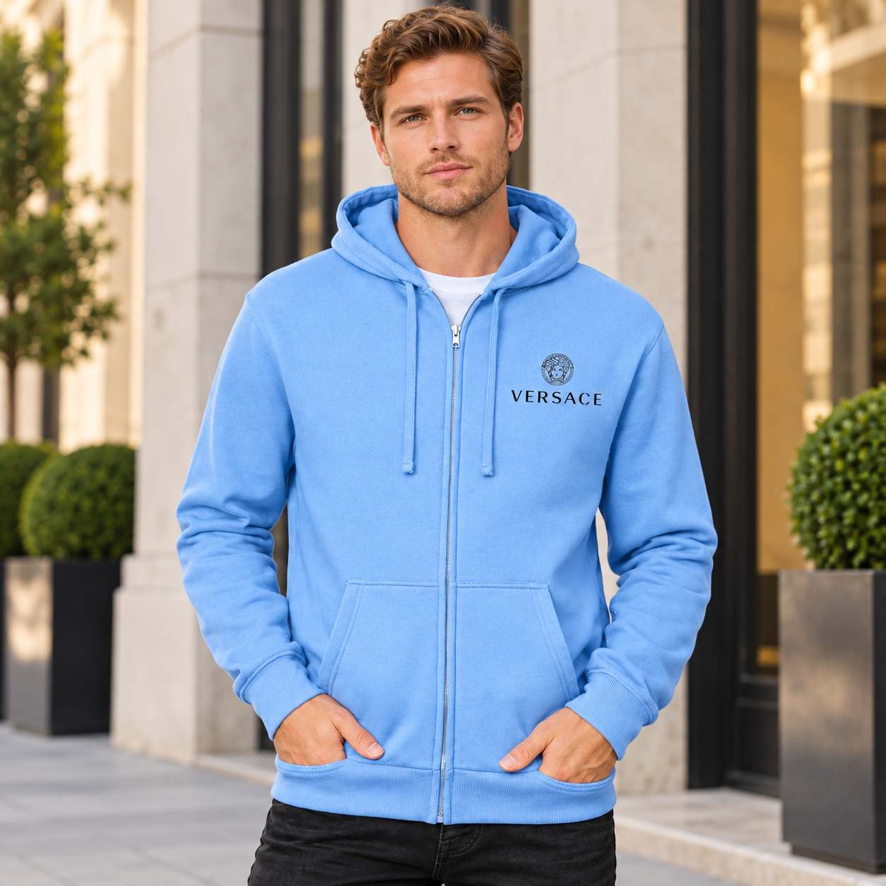Men's Versace Zipper Hoodie | Color: Sky Blue | View 1