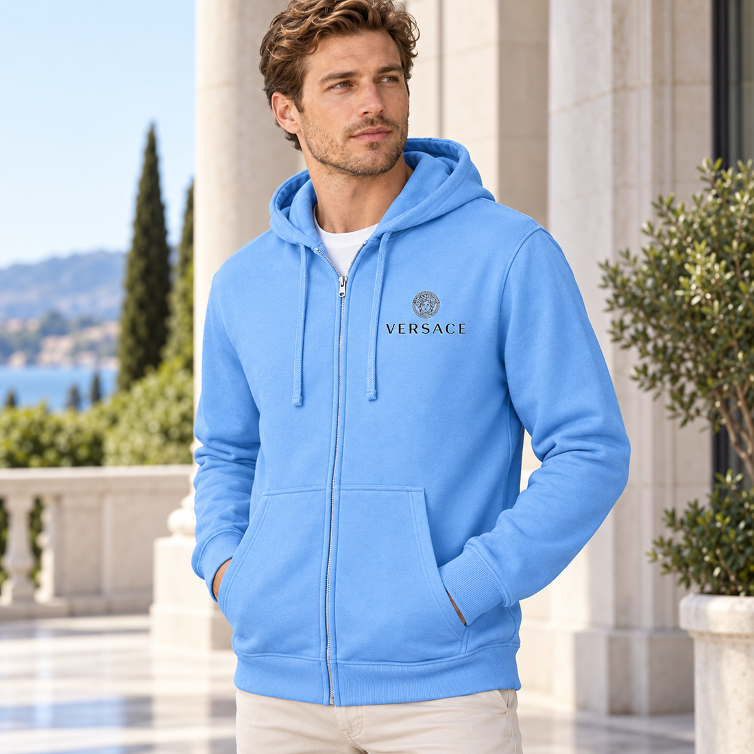 Men's Versace Zipper Hoodie | Color: Sky Blue | View 2