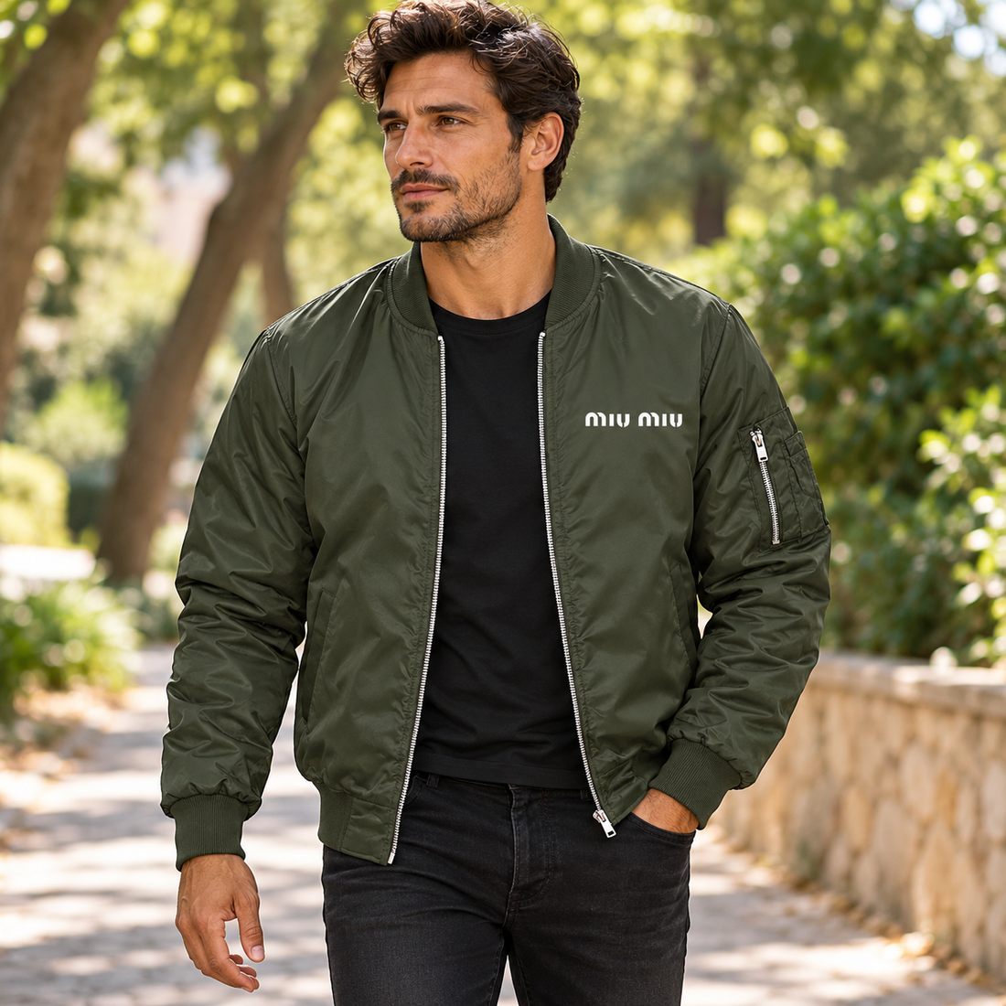 Men's Miu Miu Lightweight Bomber Jacket | Color: Army Green | Image 1