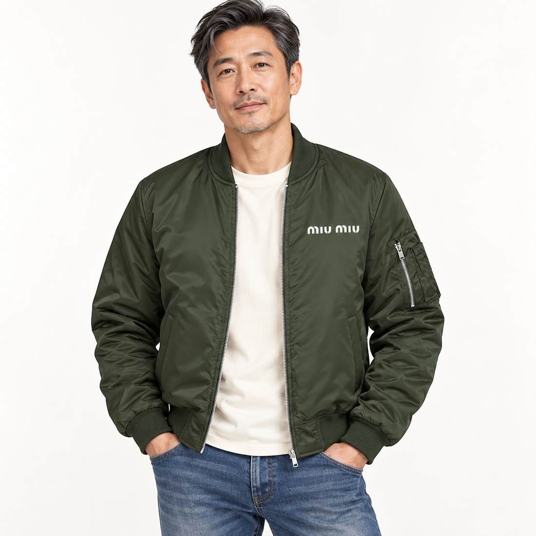 Men's Miu Miu Lightweight Bomber Jacket | Color: Army Green | Image 3