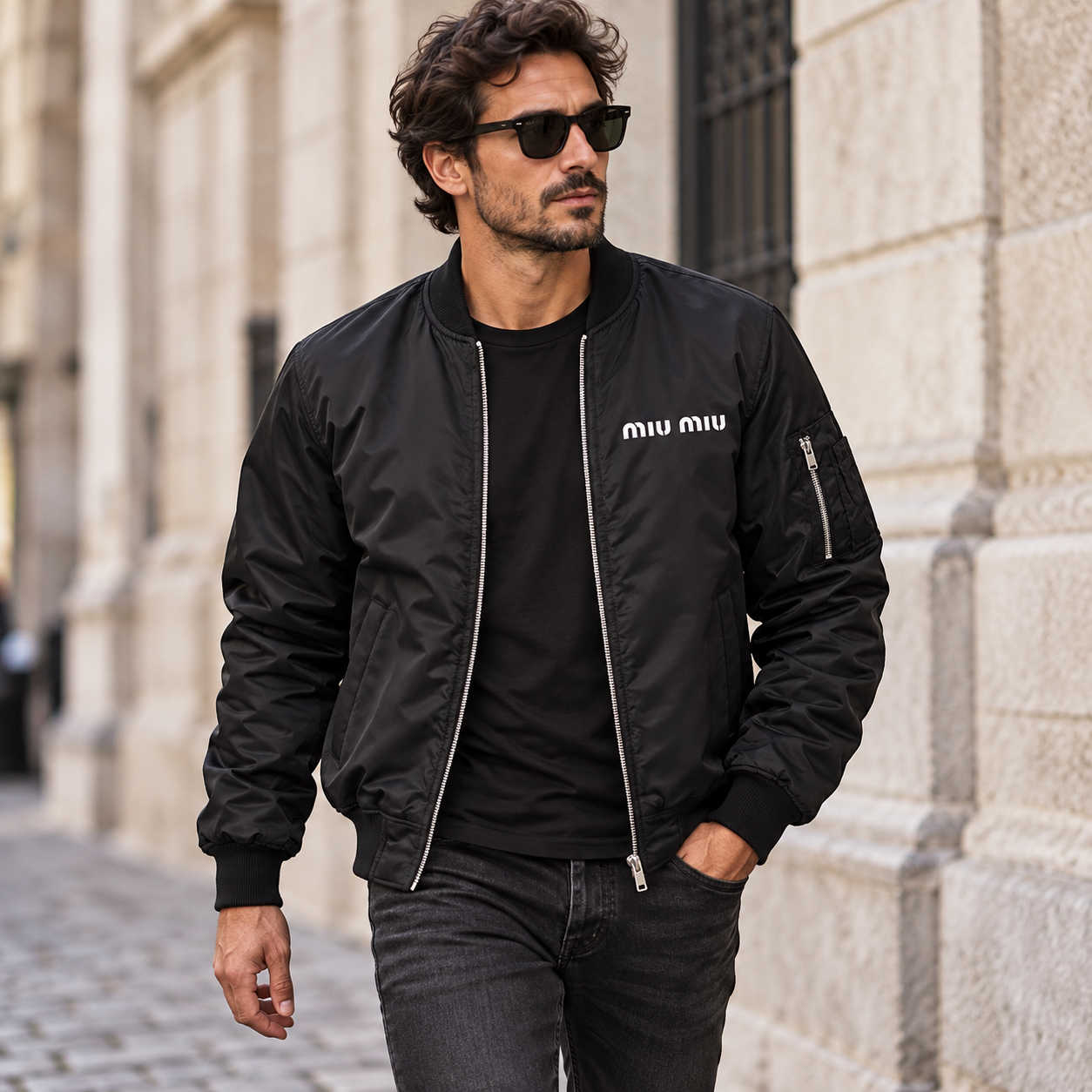 Men's Miu Miu Lightweight Bomber Jacket | Color: Black | Image 1