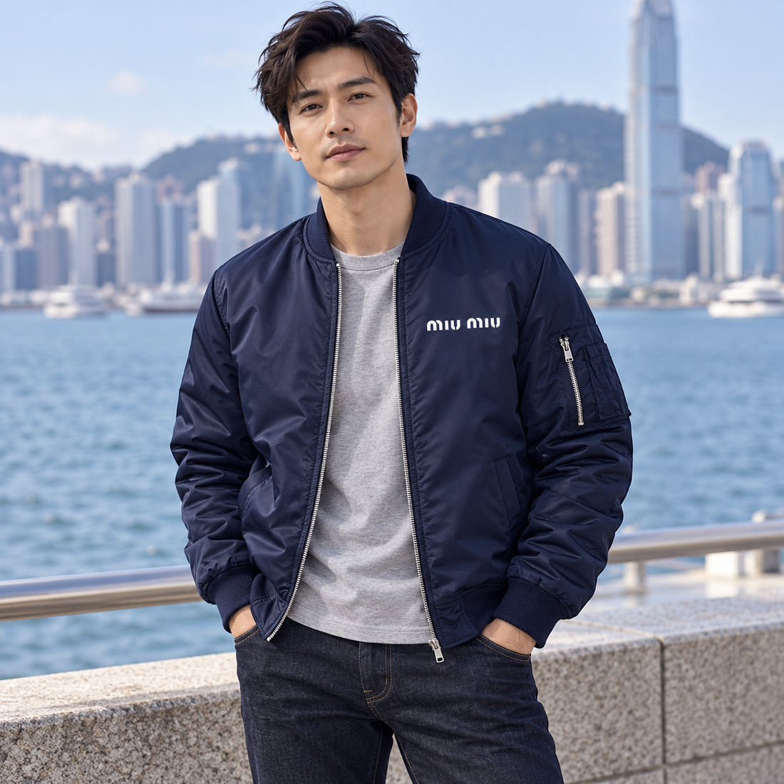 Men's Miu Miu Lightweight Bomber Jacket | Color: Navy | Image 1