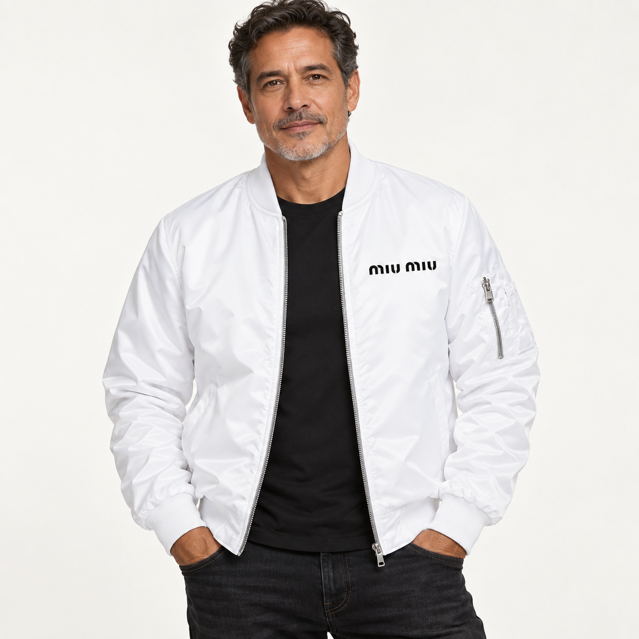 Men's Miu Miu Lightweight Bomber Jacket | Color: White | Image 3