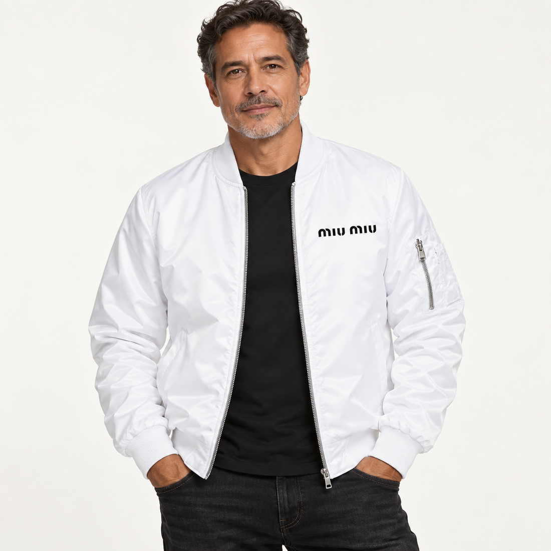 Men's Miu Miu Lightweight Bomber Jacket | Color: White | Image 3