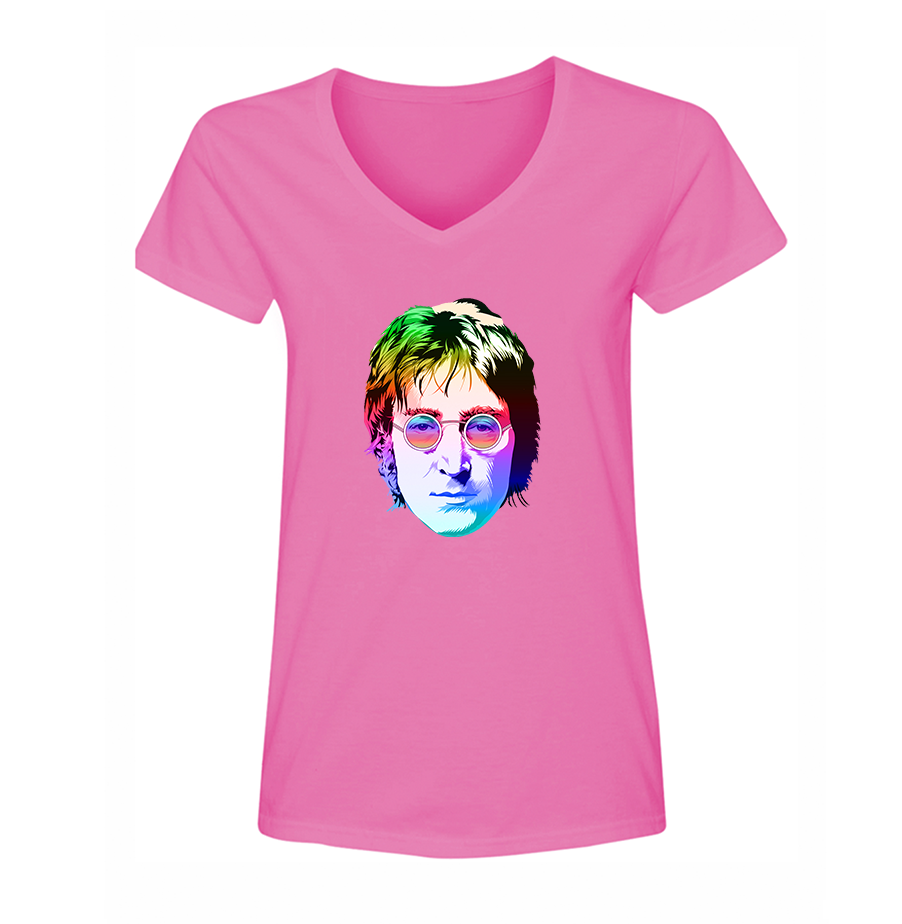 Women's John Lennon Face Art Music V-Neck T-Shirt