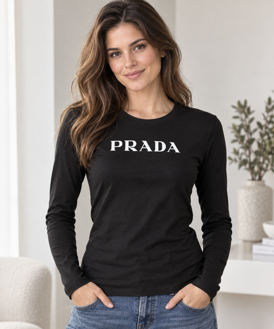 Women's Prada Long Sleeve T-Shirt – Black front model