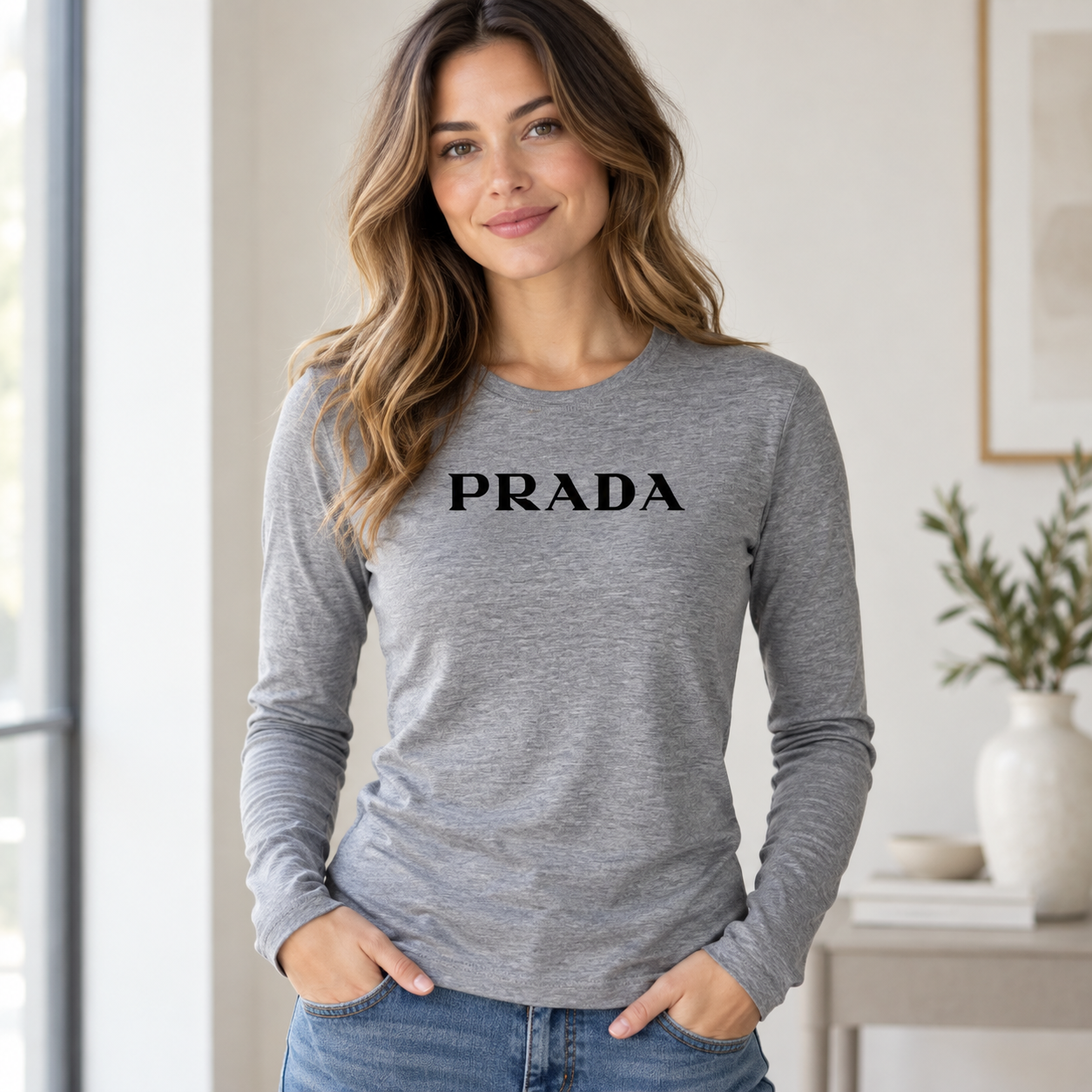 Women's Prada Long Sleeve T-Shirt – Grey front model