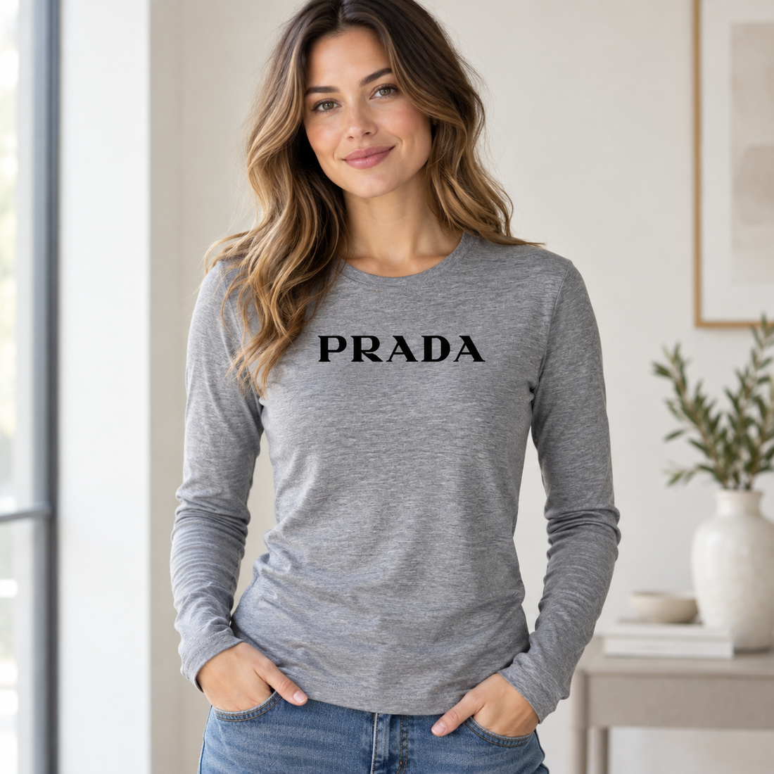 Women's Prada Long Sleeve T-Shirt – Grey front model