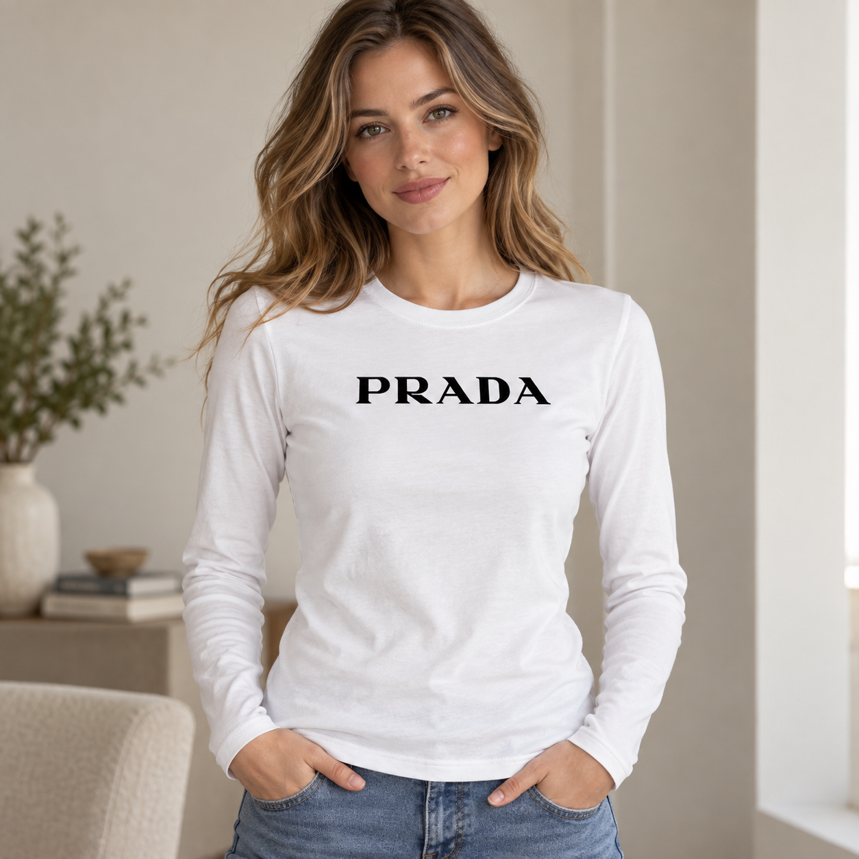 Women's Prada Long Sleeve T-Shirt – White front model