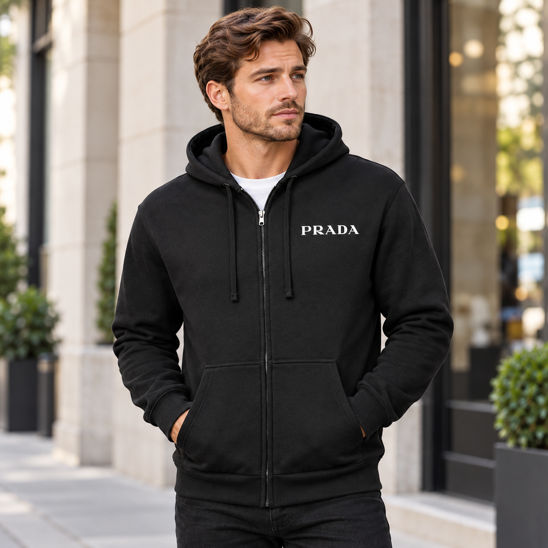 Men's Prada Zipper Hoodie - Black - lifestyle