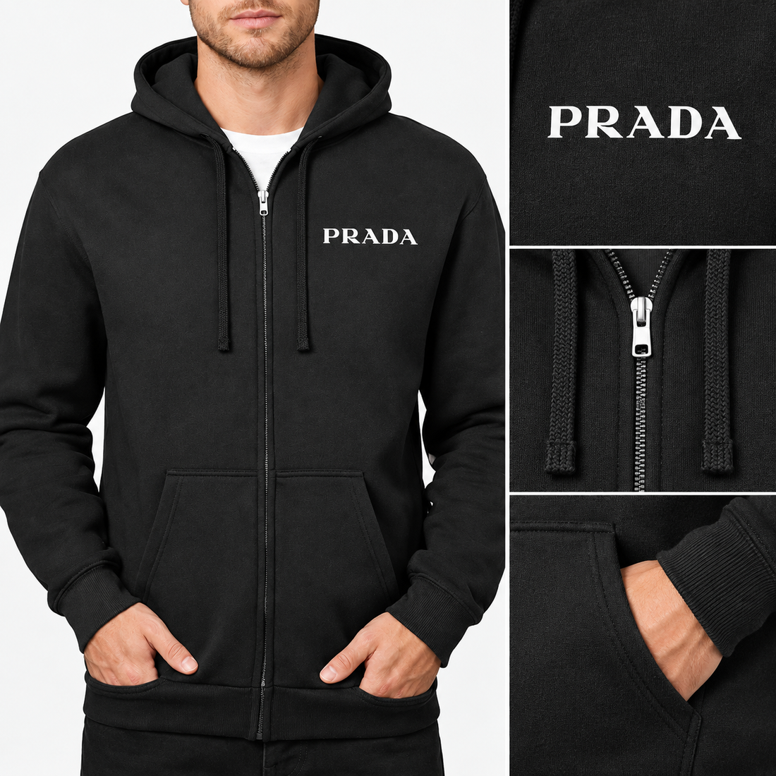 Men's Prada Zipper Hoodie - Black - detail
