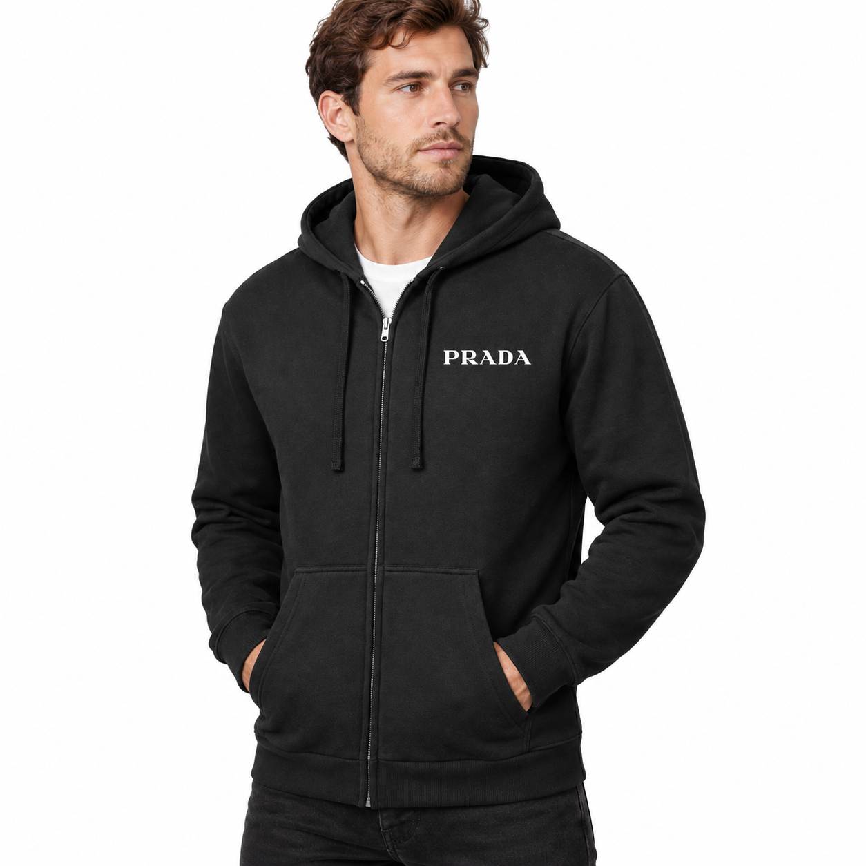 Men's Prada Zipper Hoodie - Black - three-quarter