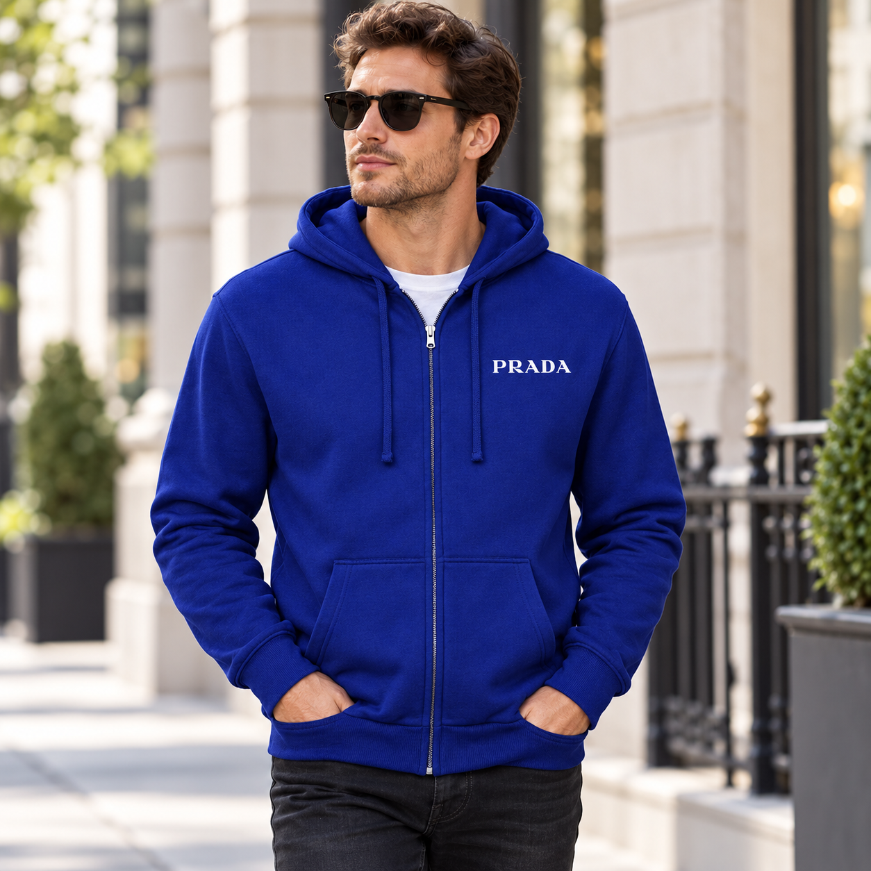 Men's Prada Zipper Hoodie - Blue - lifestyle