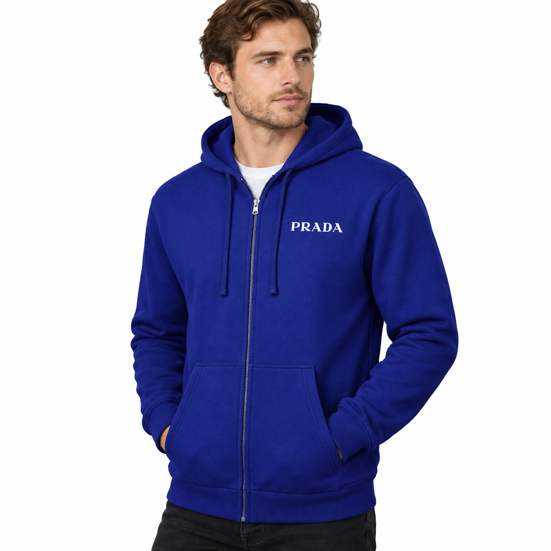 Men's Prada Zipper Hoodie - Blue - three-quarter