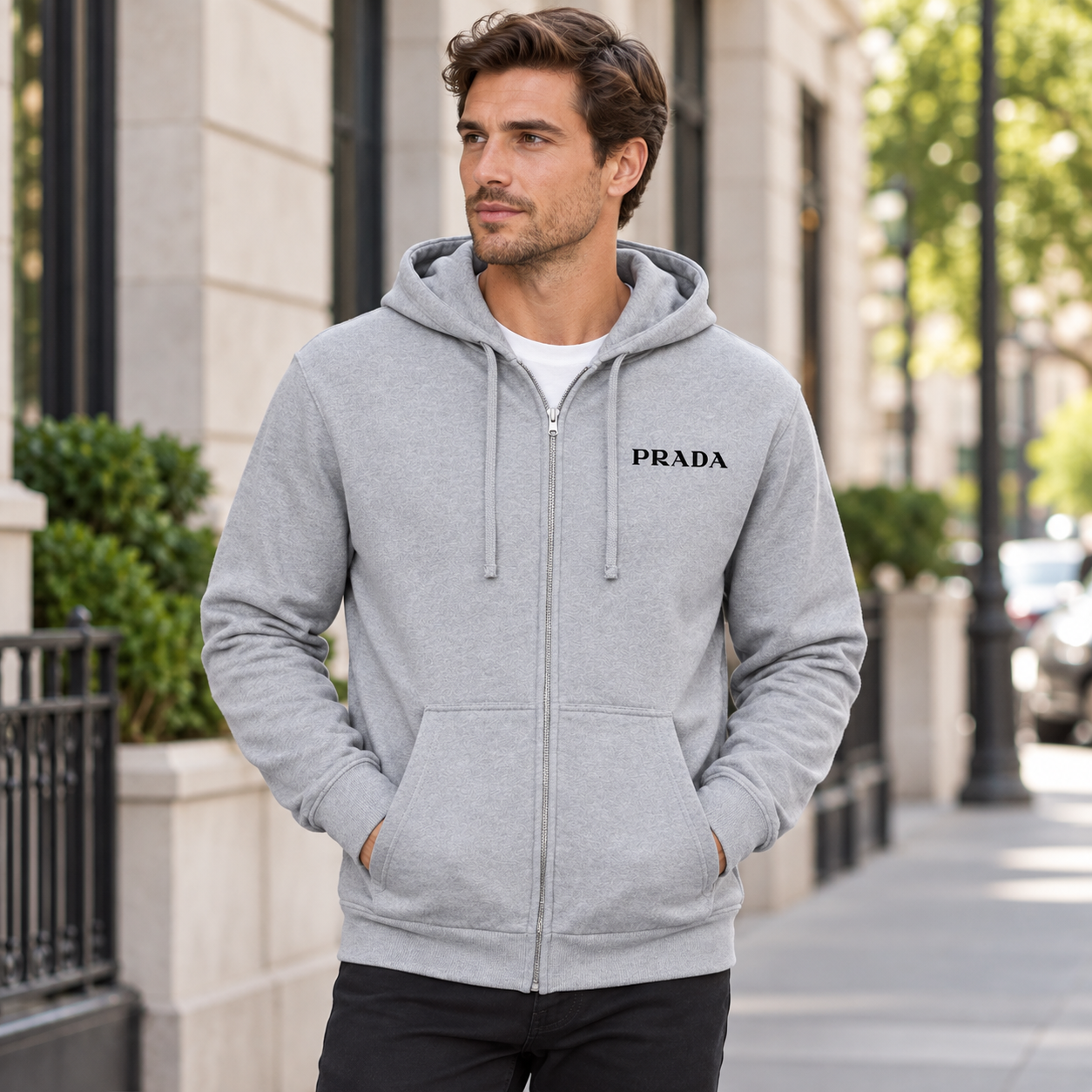 Men's Prada Zipper Hoodie - Grey - lifestyle