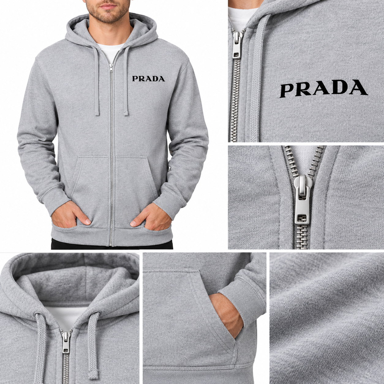 Men's Prada Zipper Hoodie - Grey - detail