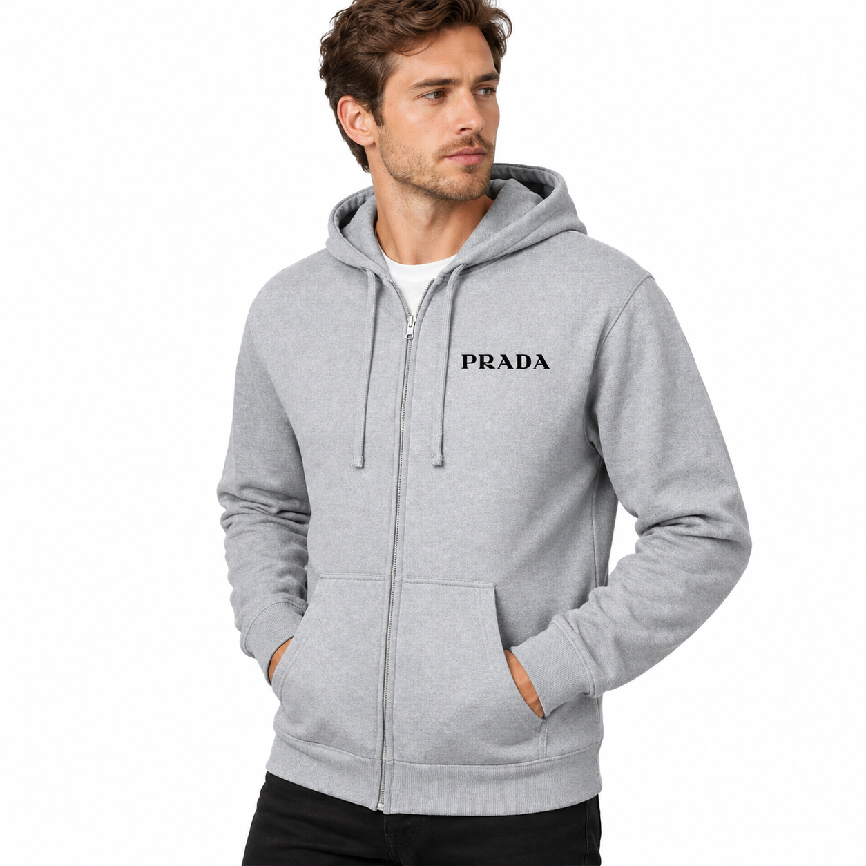 Men's Prada Zipper Hoodie - Grey - three-quarter