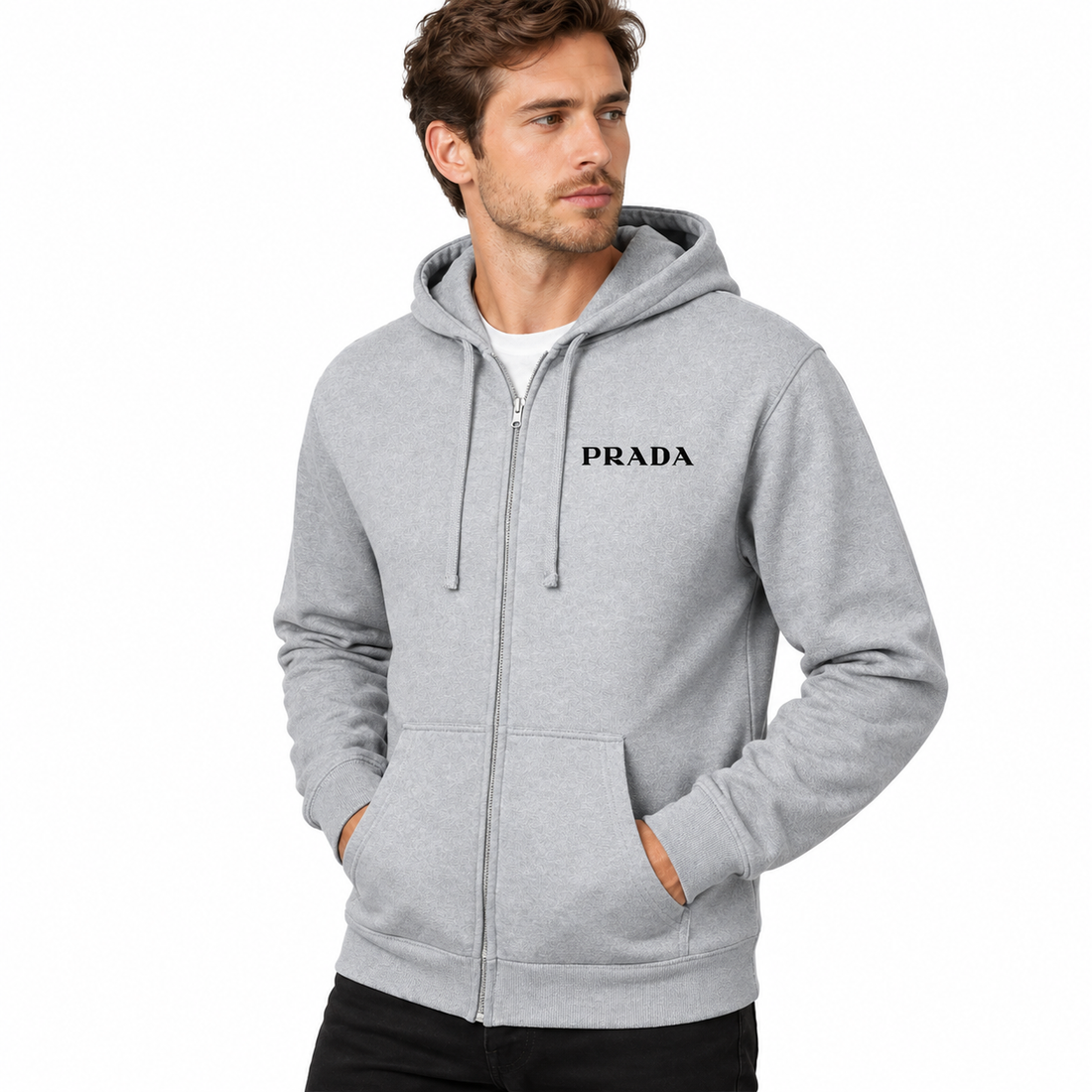 Men's Prada Zipper Hoodie - Grey - three-quarter