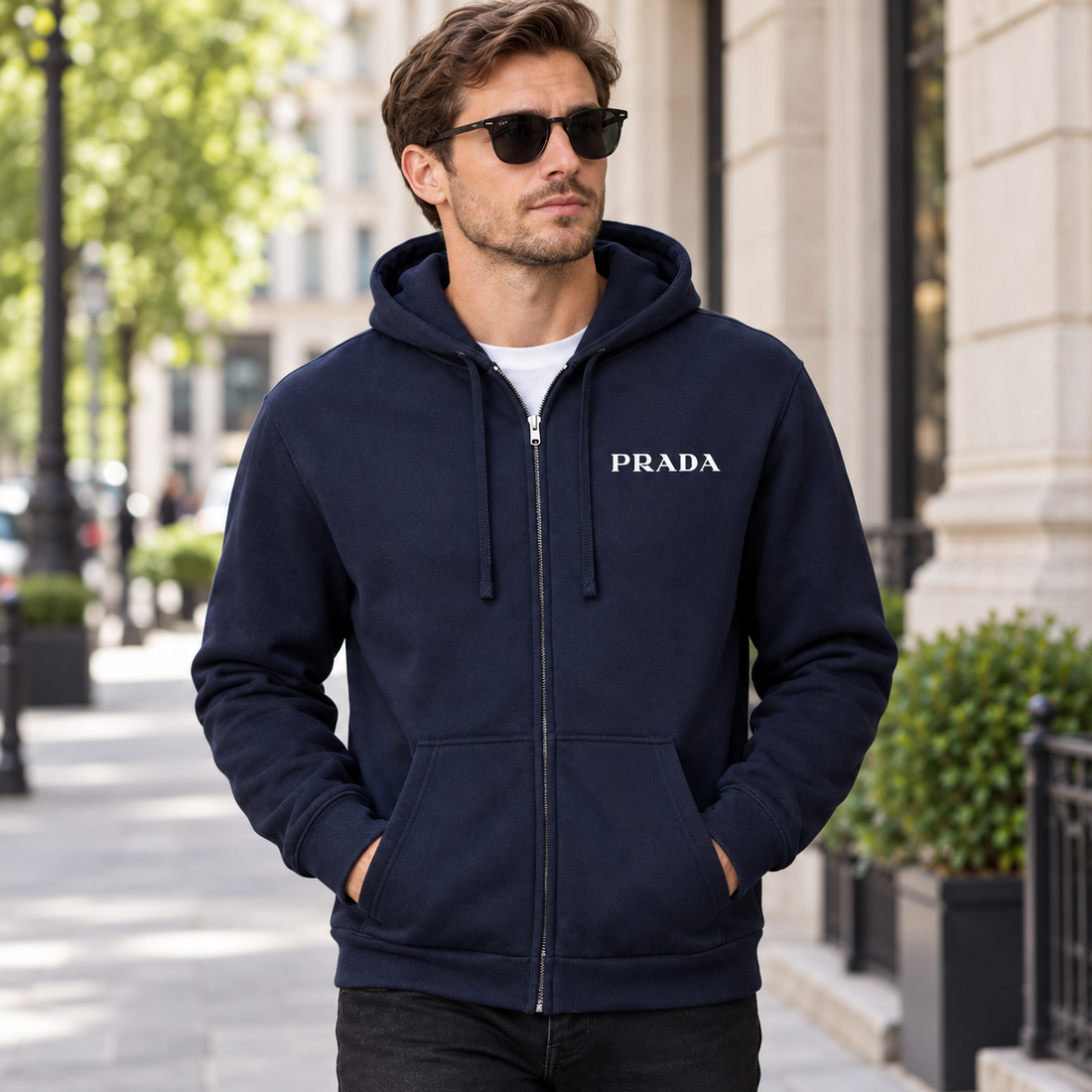 Men's Prada Zipper Hoodie - Navy - lifestyle