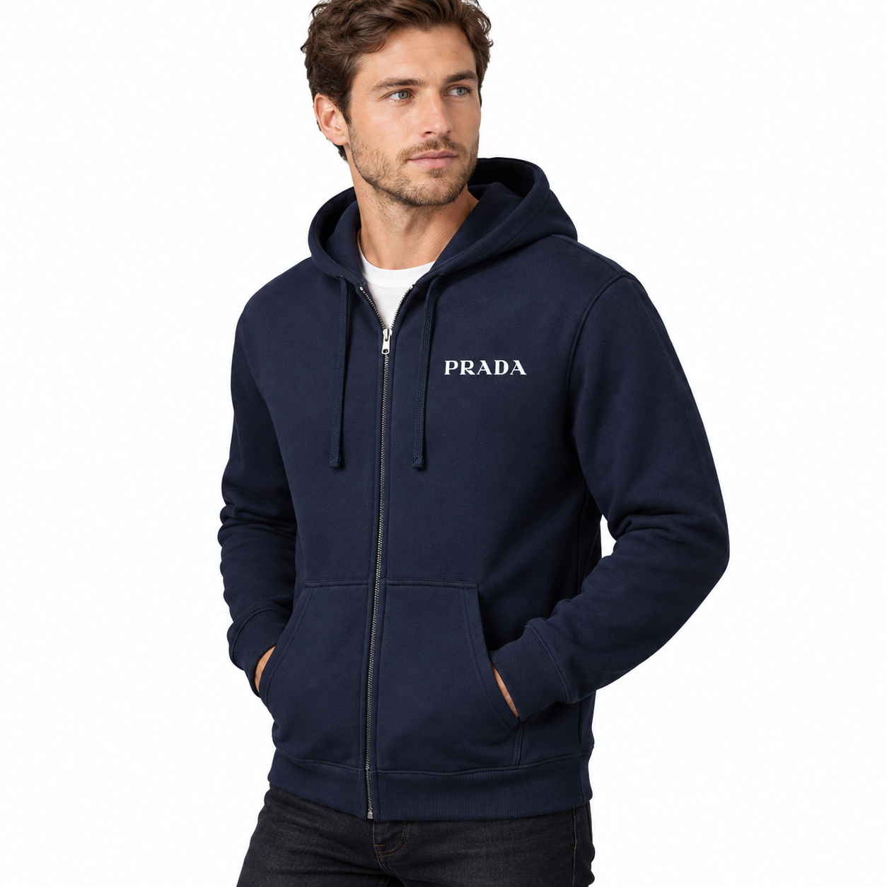 Men's Prada Zipper Hoodie - Navy - three-quarter