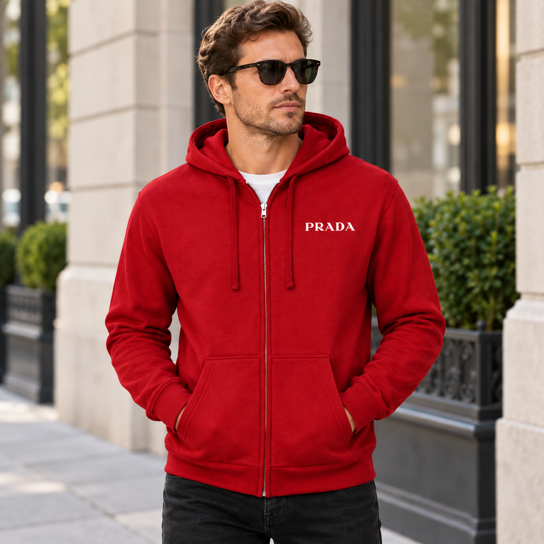 Men's Prada Zipper Hoodie - Red - lifestyle