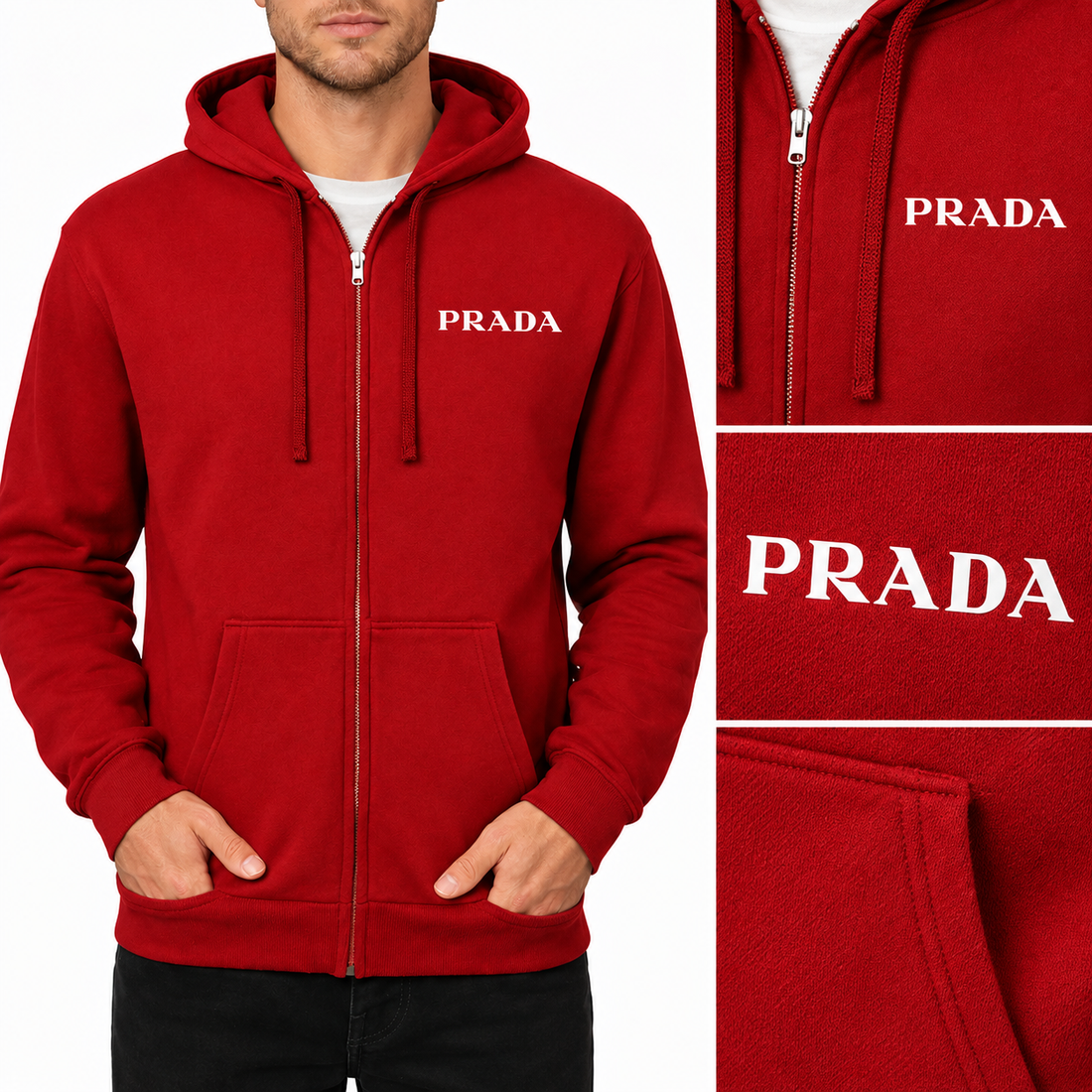 Men's Prada Zipper Hoodie - Red - detail