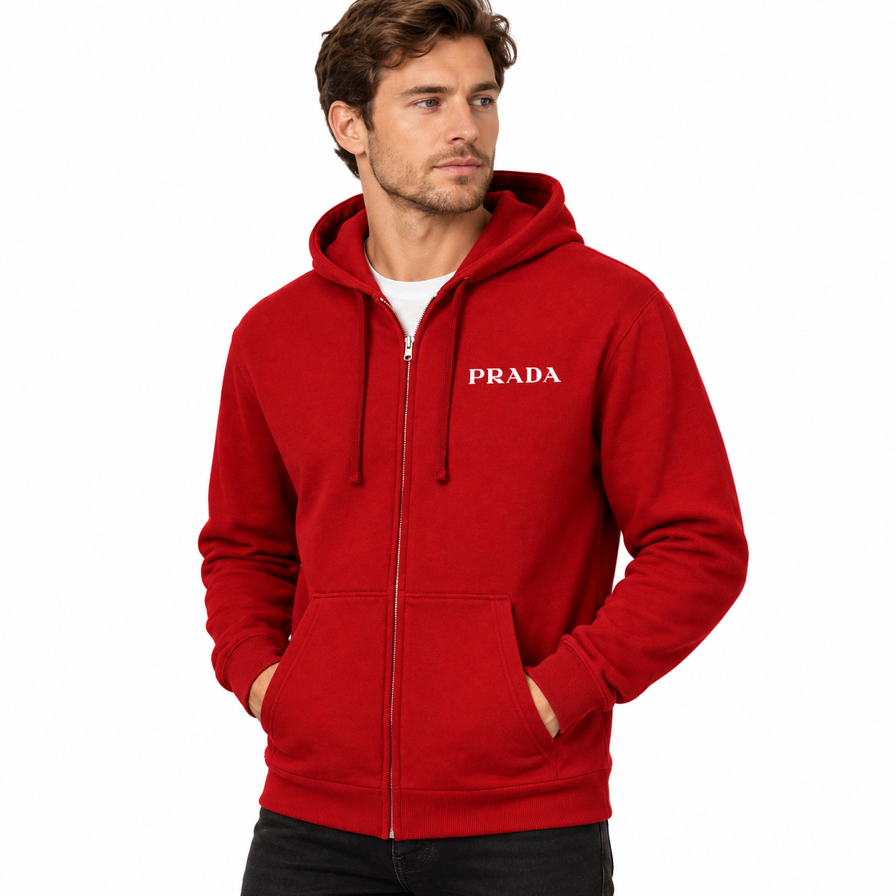 Men's Prada Zipper Hoodie - Red - three-quarter