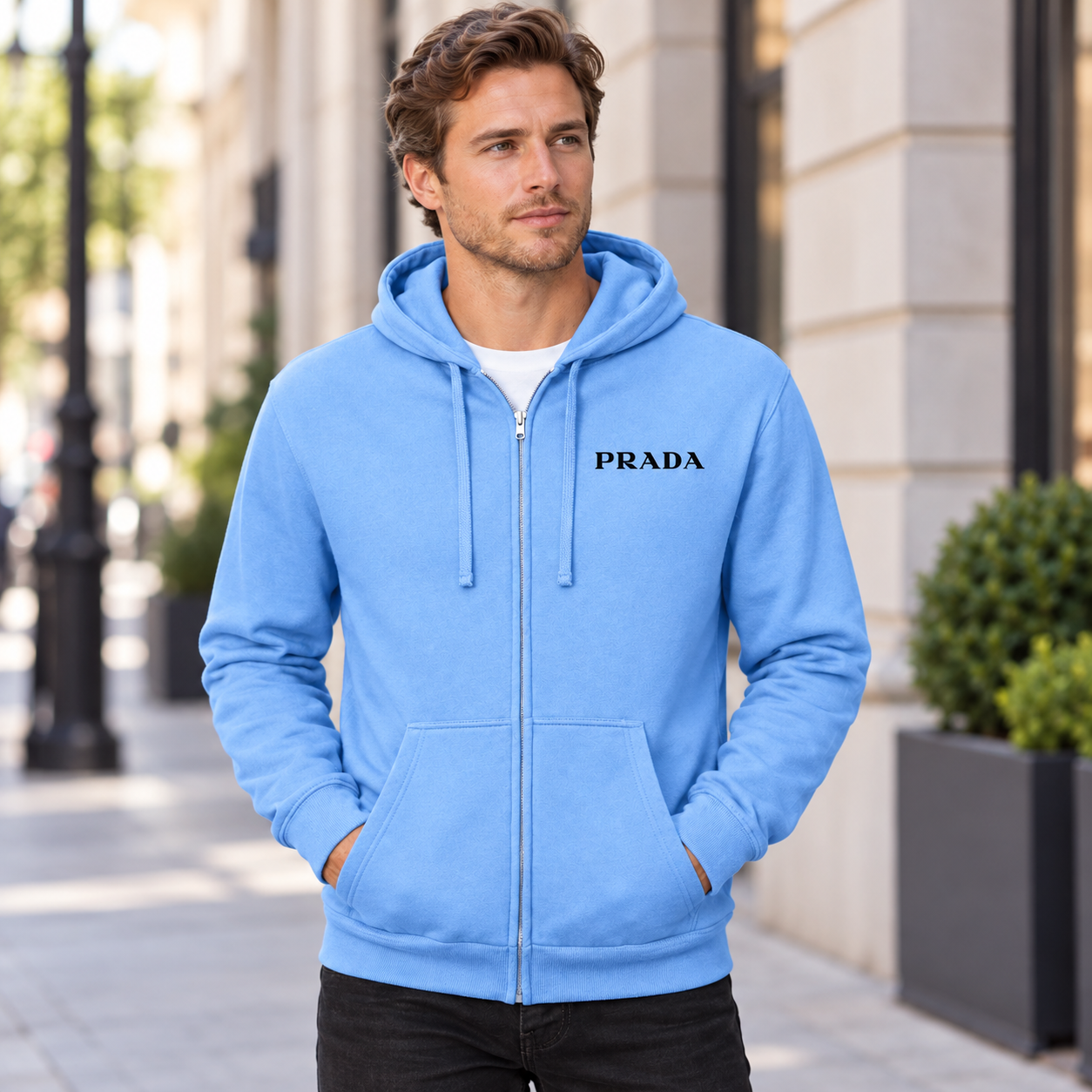 Men's Prada Zipper Hoodie - Sky Blue - lifestyle