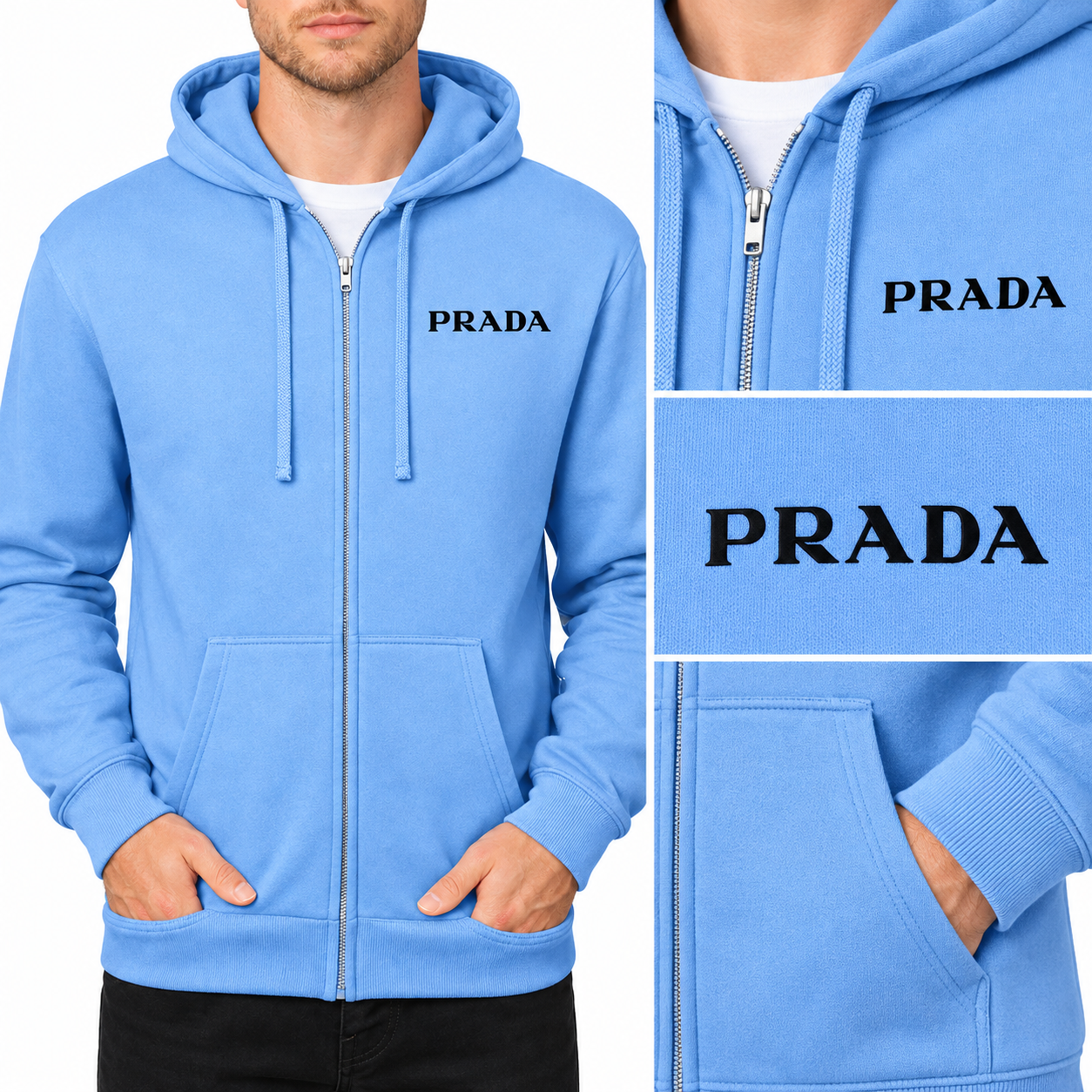 Men's Prada Zipper Hoodie - Sky Blue - detail
