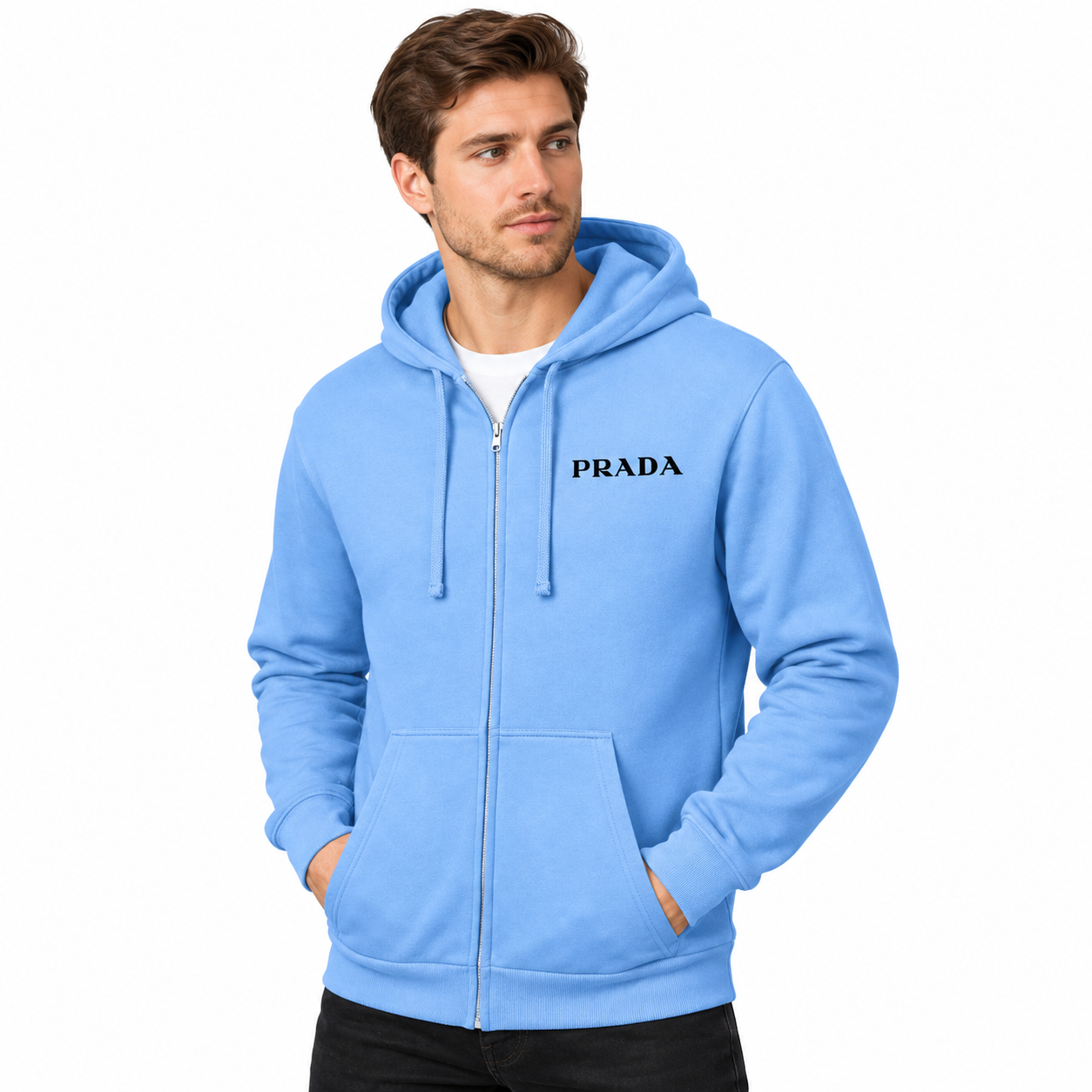 Men's Prada Zipper Hoodie - Sky Blue - three-quarter