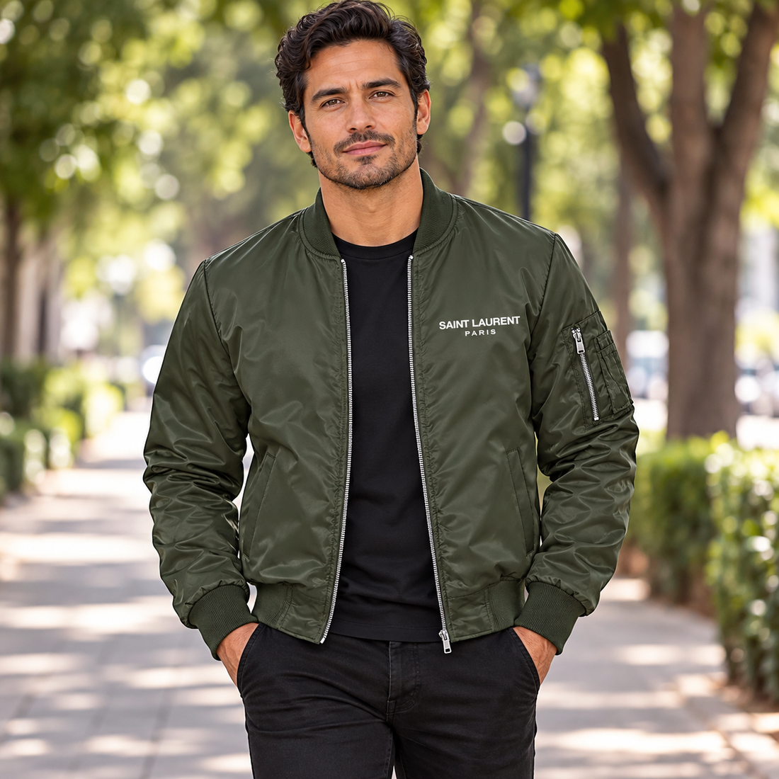 Men's Saint Laurent Lightweight Bomber Jacket | Color: Army Green | Image 1