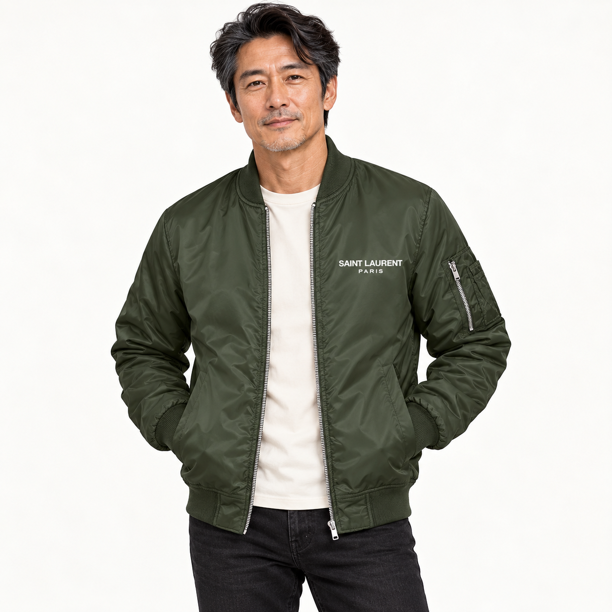 Men's Saint Laurent Lightweight Bomber Jacket | Color: Army Green | Image 3