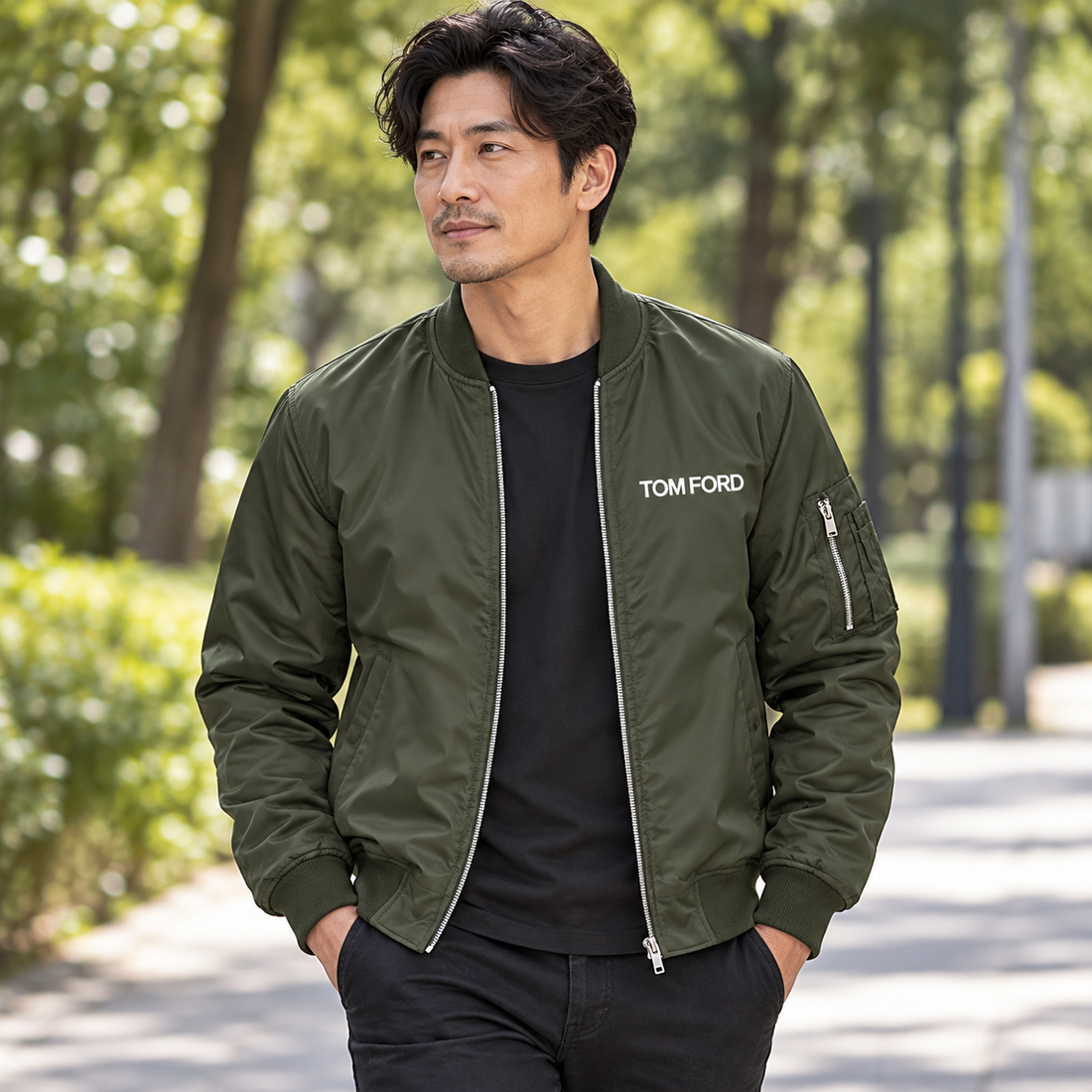 Men's Tom Ford Lightweight Bomber Jacket | Color: Army Green | Image 1