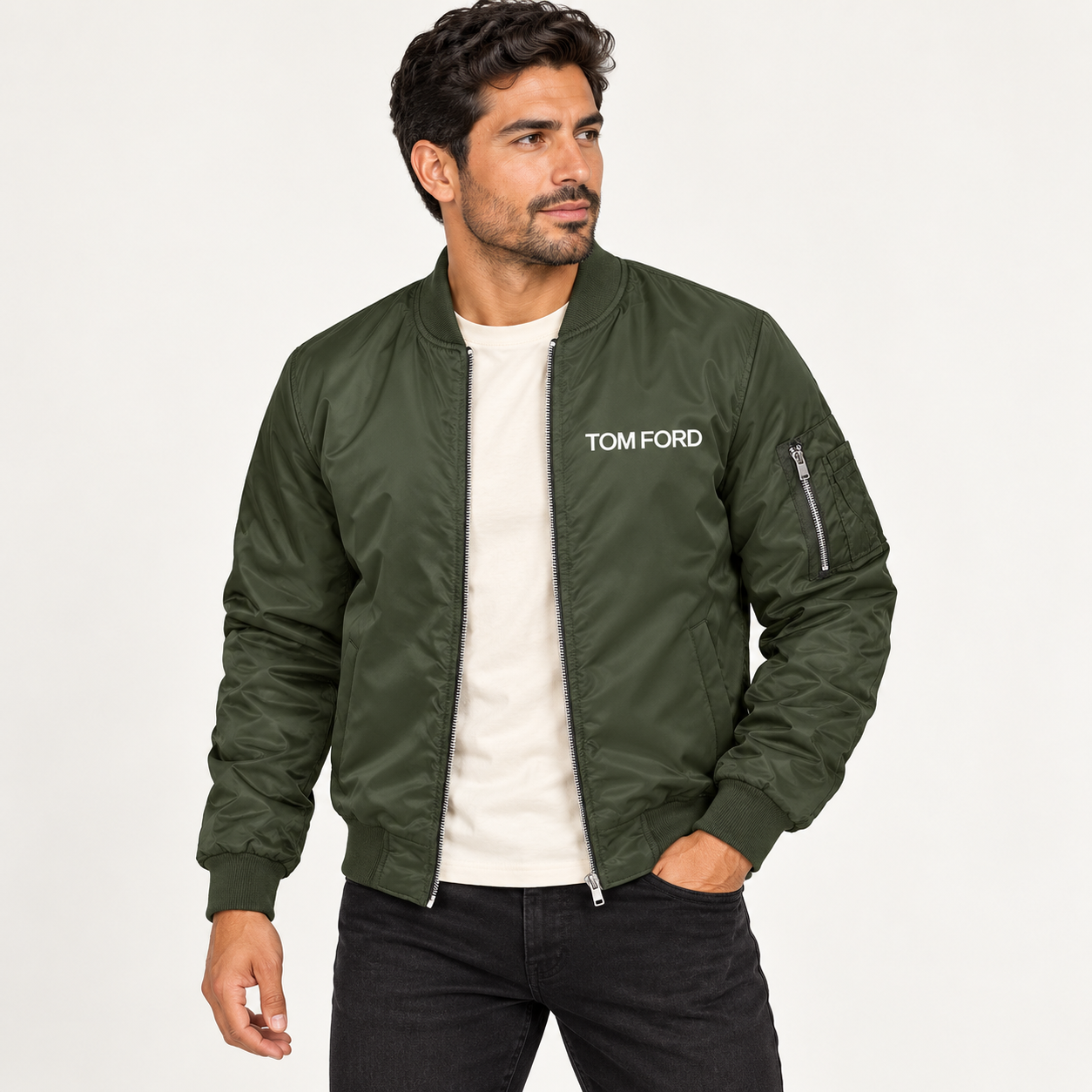Men's Tom Ford Lightweight Bomber Jacket | Color: Army Green | Image 3
