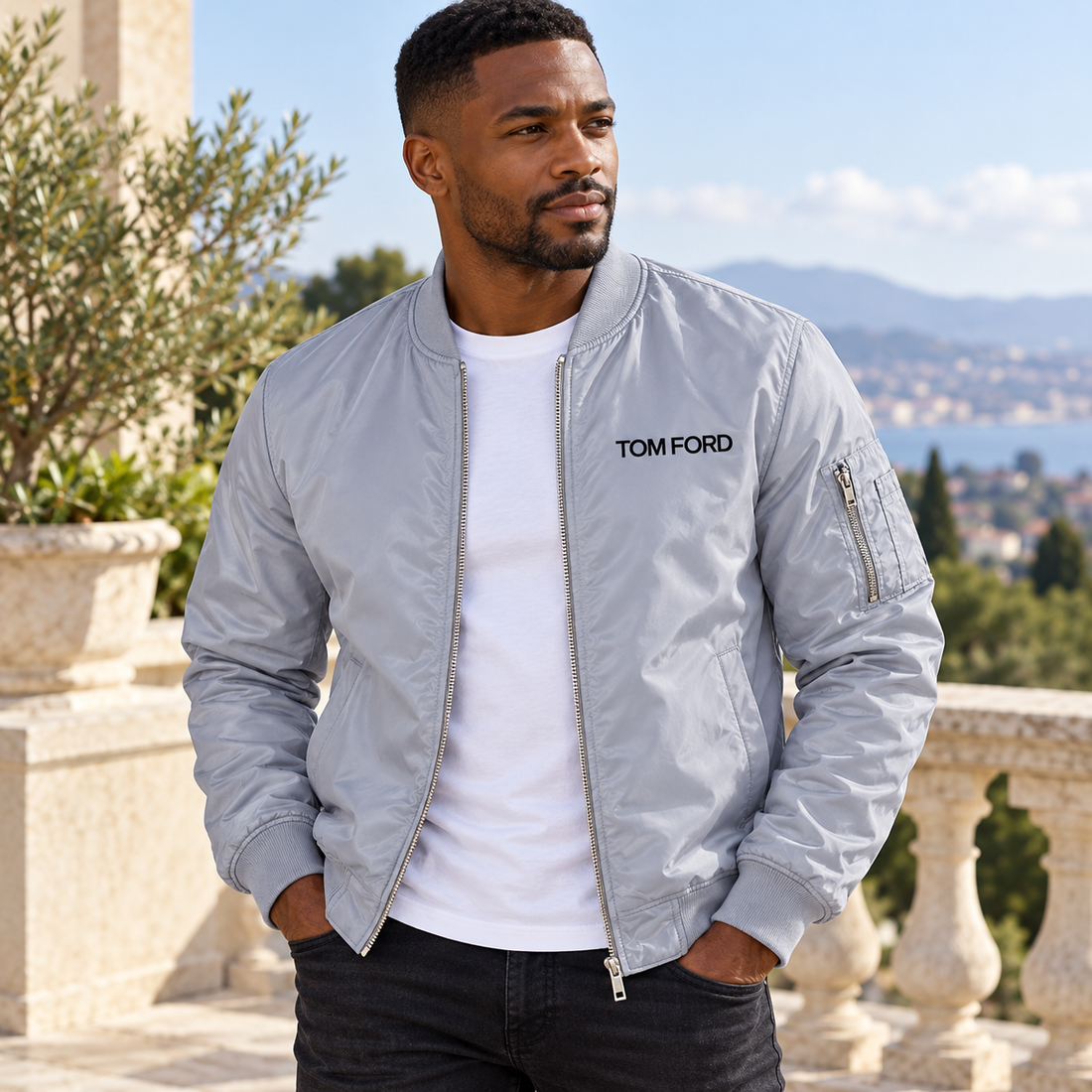 Men's Tom Ford Lightweight Bomber Jacket | Color: Grey | Image 1