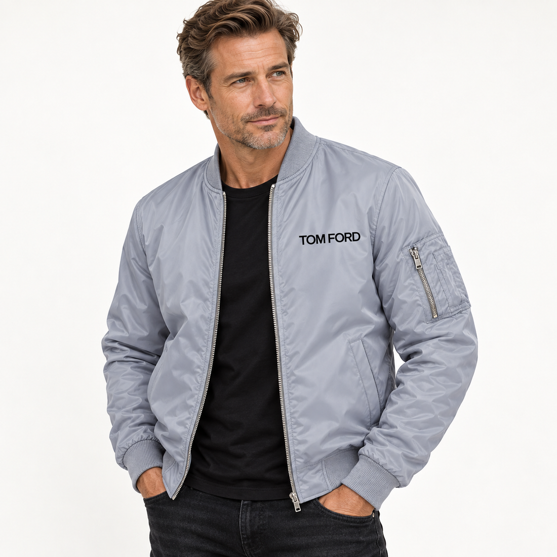 Men's Tom Ford Lightweight Bomber Jacket | Color: Grey | Image 3