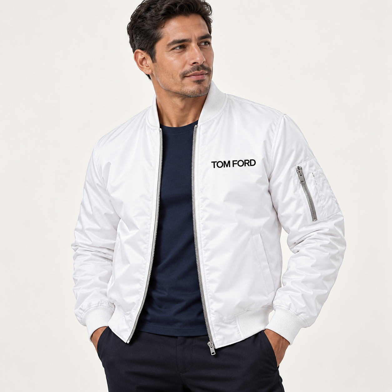 Men's Tom Ford Lightweight Bomber Jacket | Color: White | Image 3