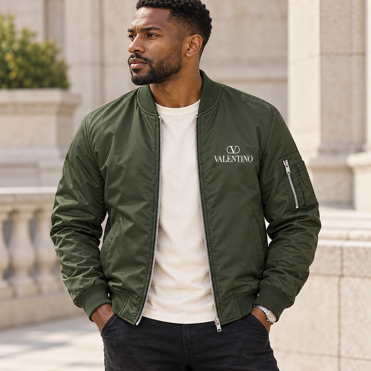 Men's Valentino Lightweight Bomber Jacket | Color: Army Green | Image 1