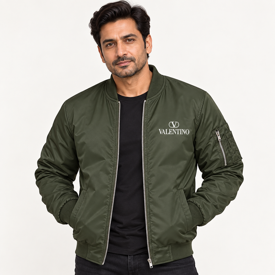 Men's Valentino Lightweight Bomber Jacket | Color: Army Green | Image 3