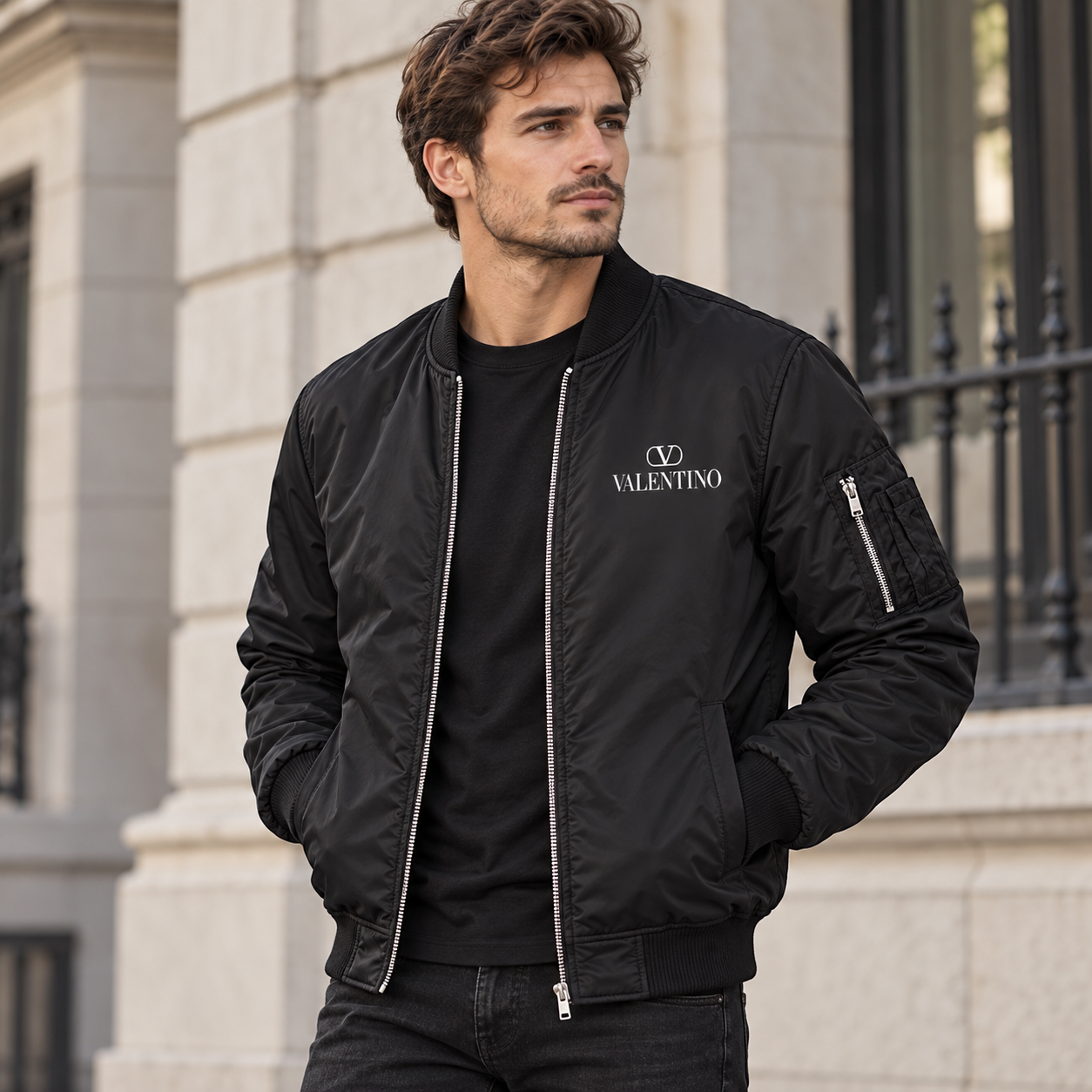 Men's Valentino Lightweight Bomber Jacket | Color: Black | Image 1