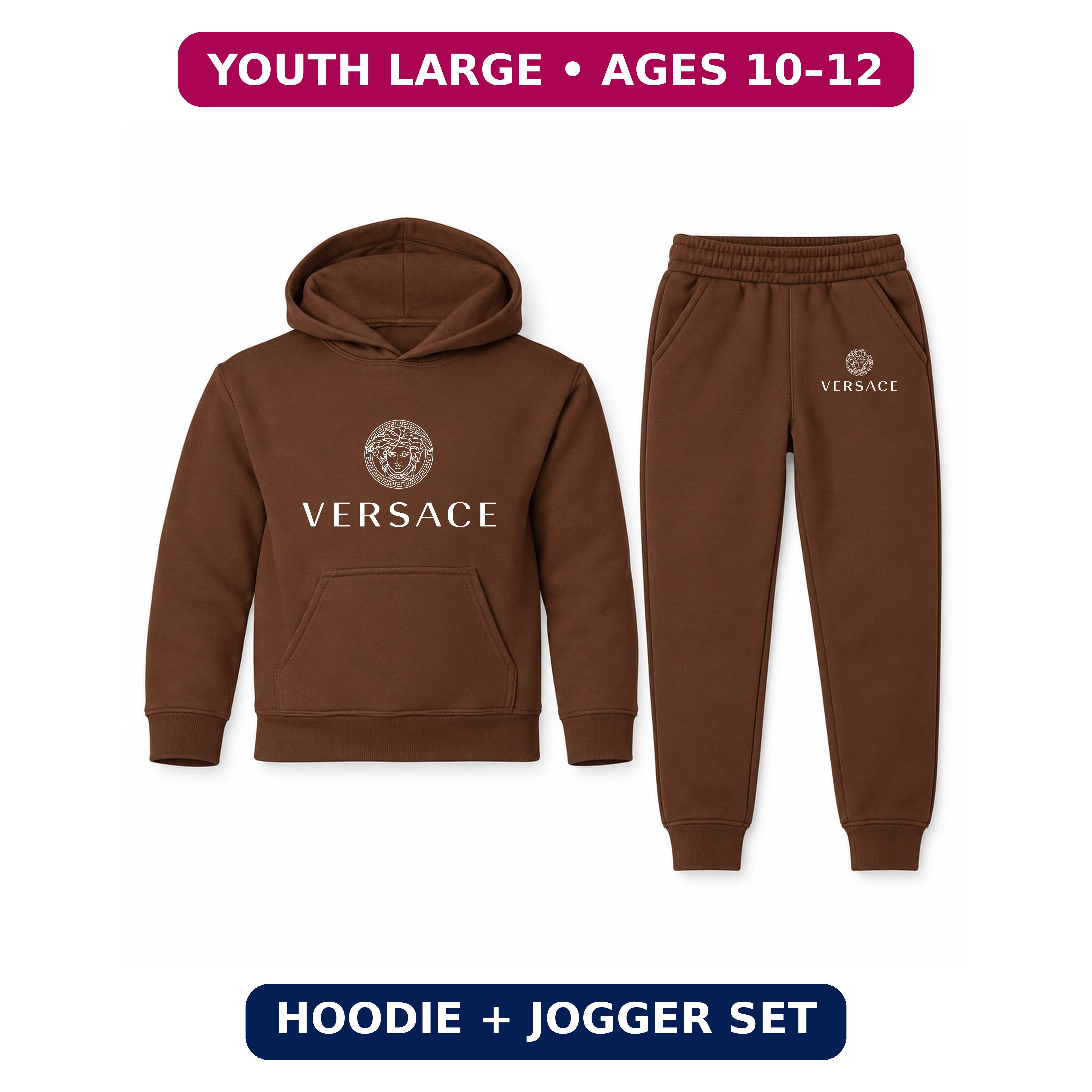 Versace Youth Hoodie Jogger Set | Brown | Youth Large, ages 10–12