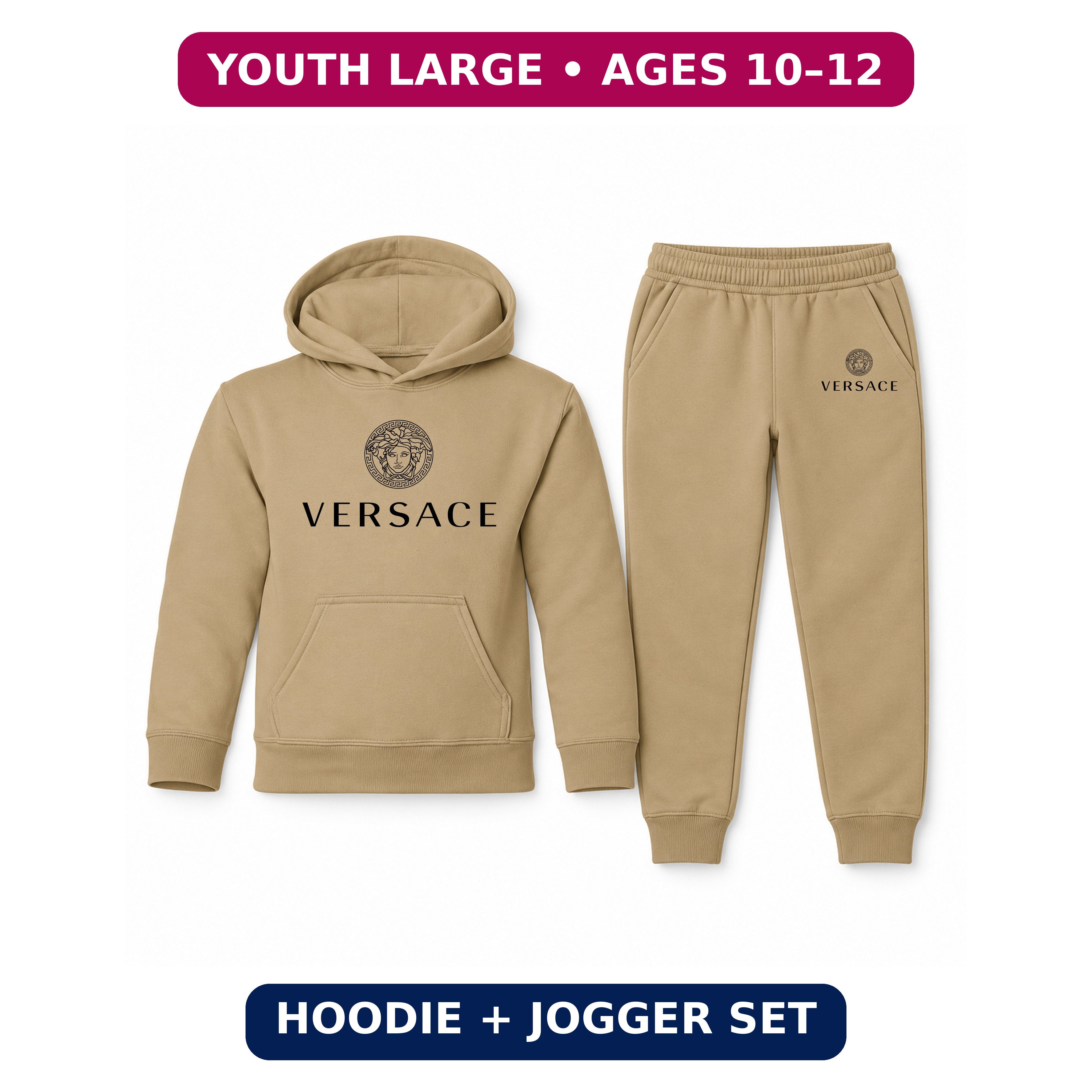 Versace Youth Hoodie Jogger Set | Khaki | Youth Large, ages 10–12