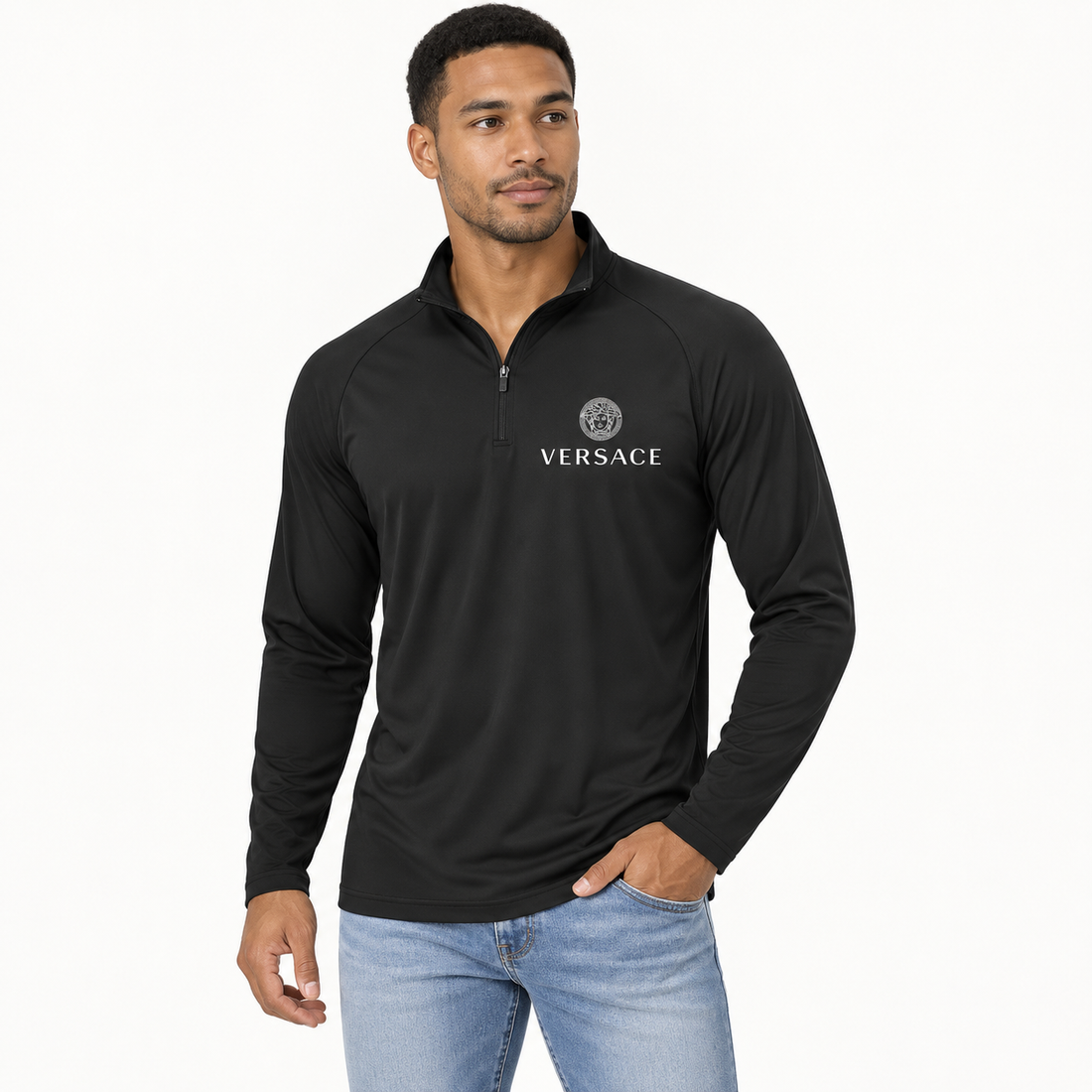 Men’s Versace Lightweight Quarter-Zip Athletic Shirt – Long Sleeve Polyester Wear | Color: Black | View 1