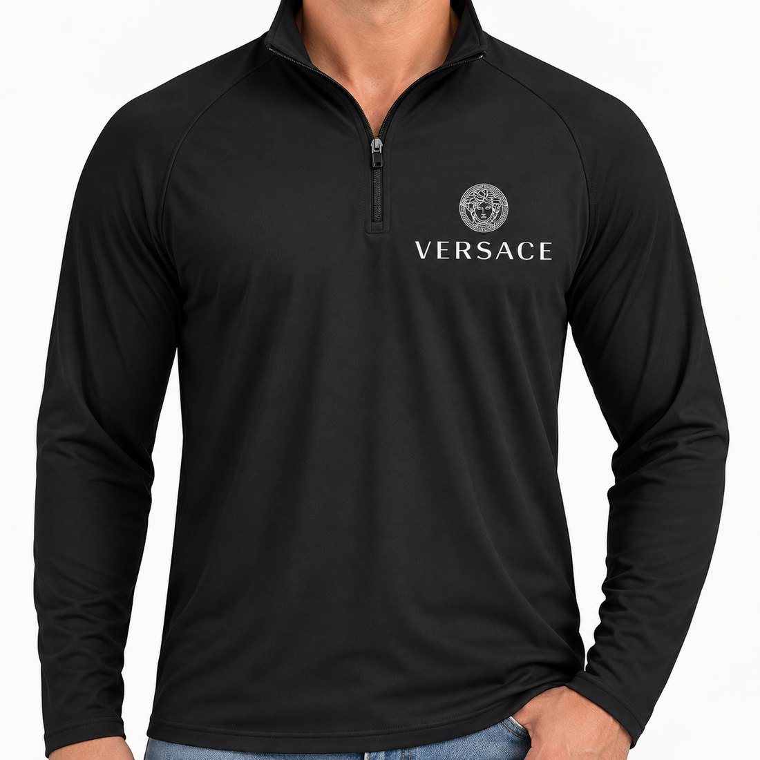 Men’s Versace Lightweight Quarter-Zip Athletic Shirt – Long Sleeve Polyester Wear | Color: Black | View 3