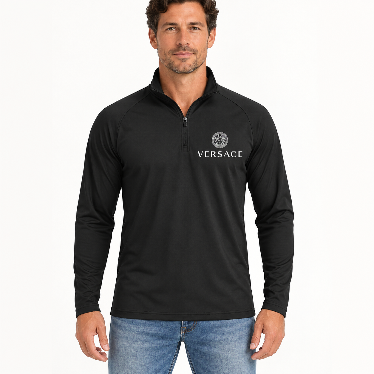Men’s Versace Lightweight Quarter-Zip Athletic Shirt – Long Sleeve Polyester Wear | Color: Black | View 4