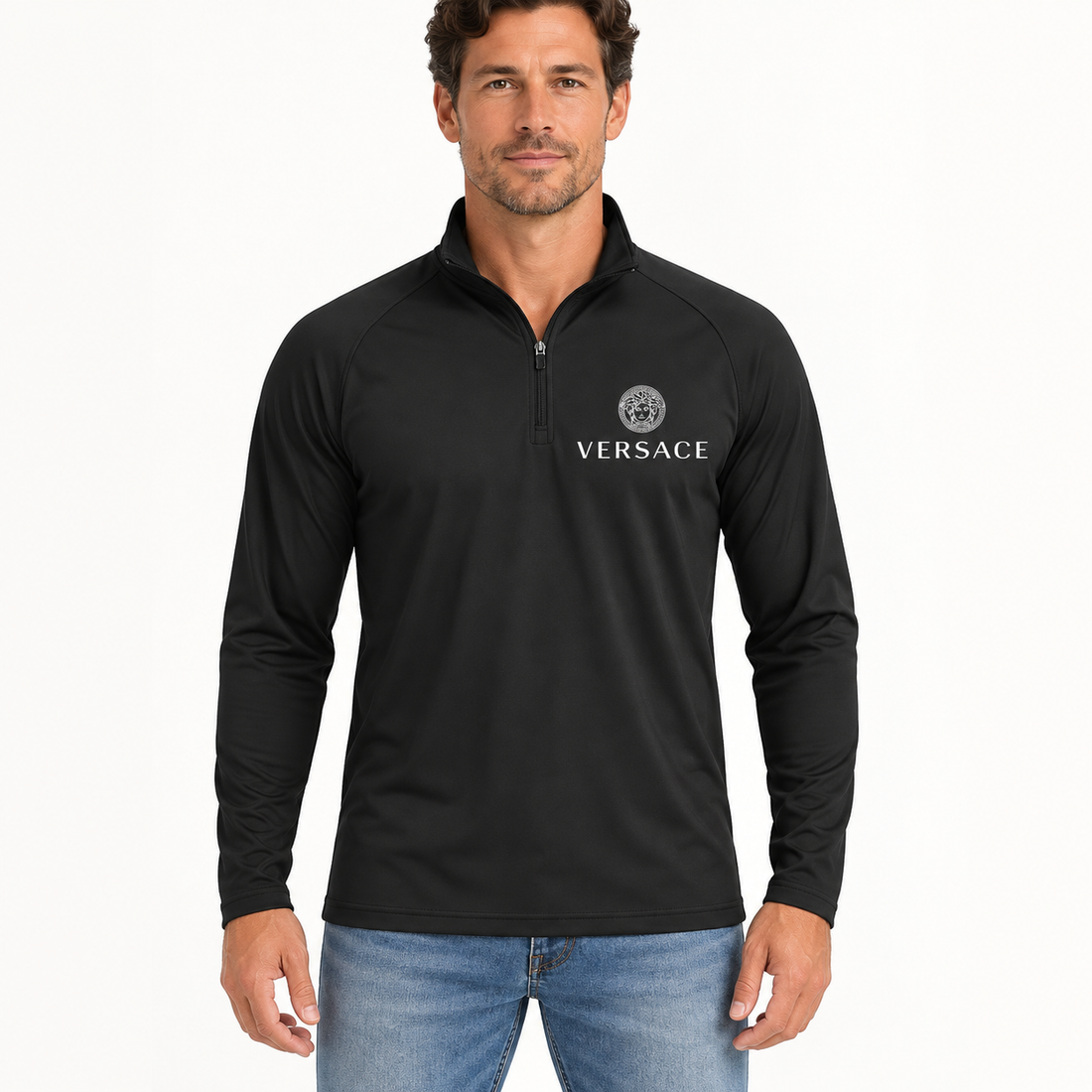Men’s Versace Lightweight Quarter-Zip Athletic Shirt – Long Sleeve Polyester Wear | Color: Black | View 4