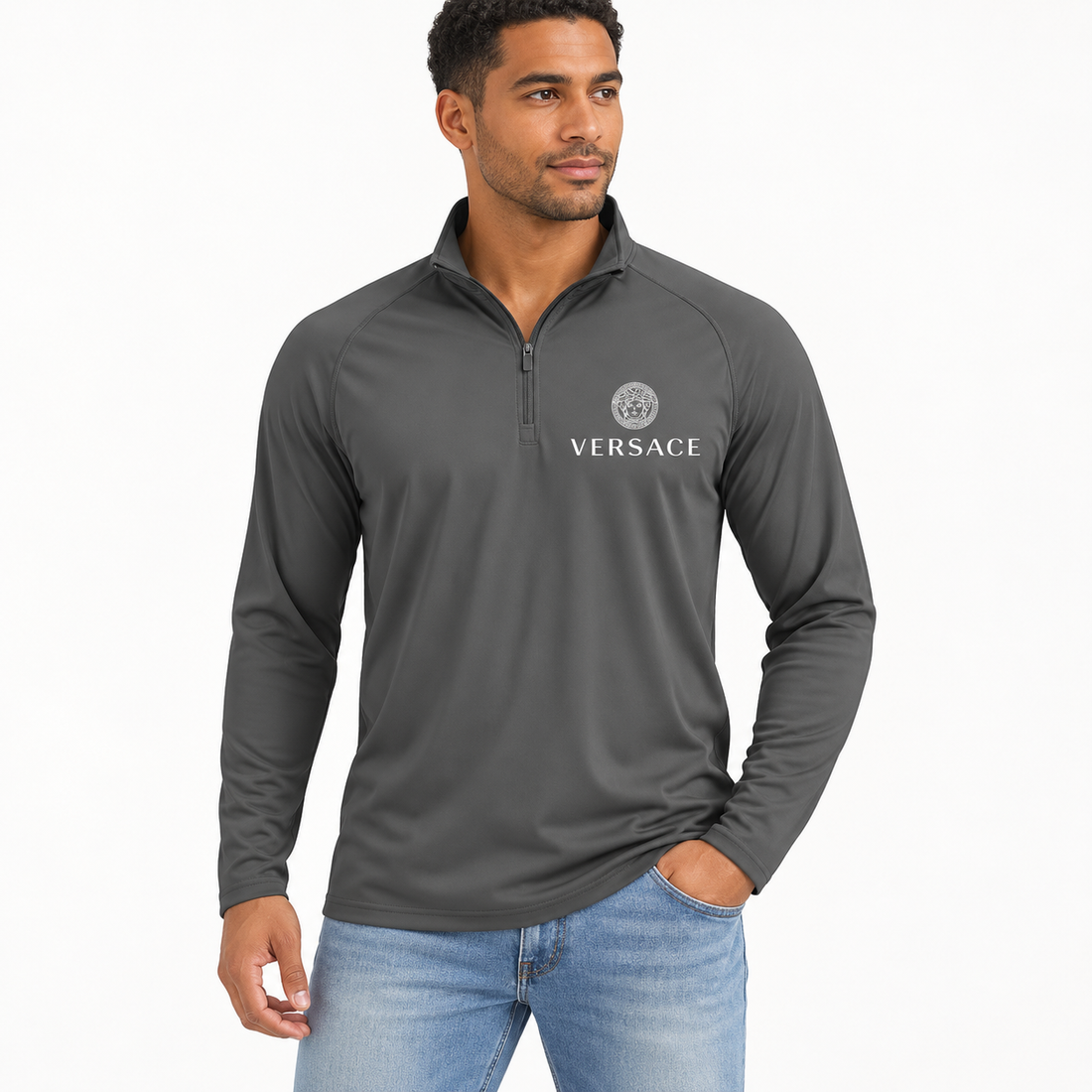 Men’s Versace Lightweight Quarter-Zip Athletic Shirt – Long Sleeve Polyester Wear | Color: Dark Gray | View 1