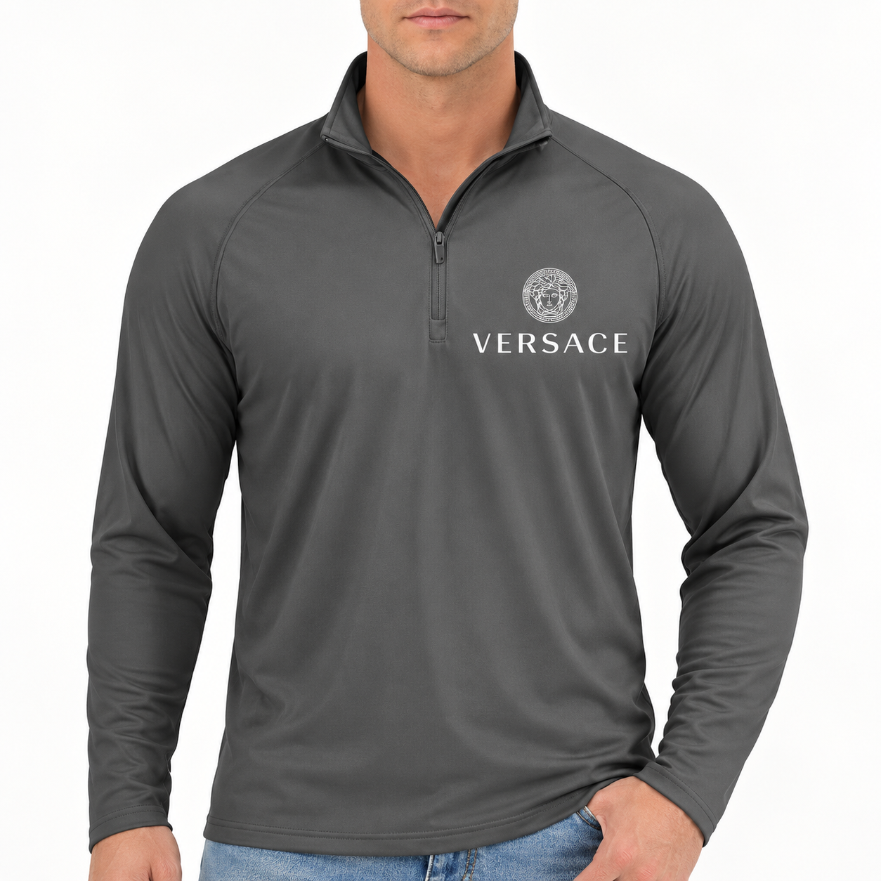 Men’s Versace Lightweight Quarter-Zip Athletic Shirt – Long Sleeve Polyester Wear | Color: Dark Gray | View 3